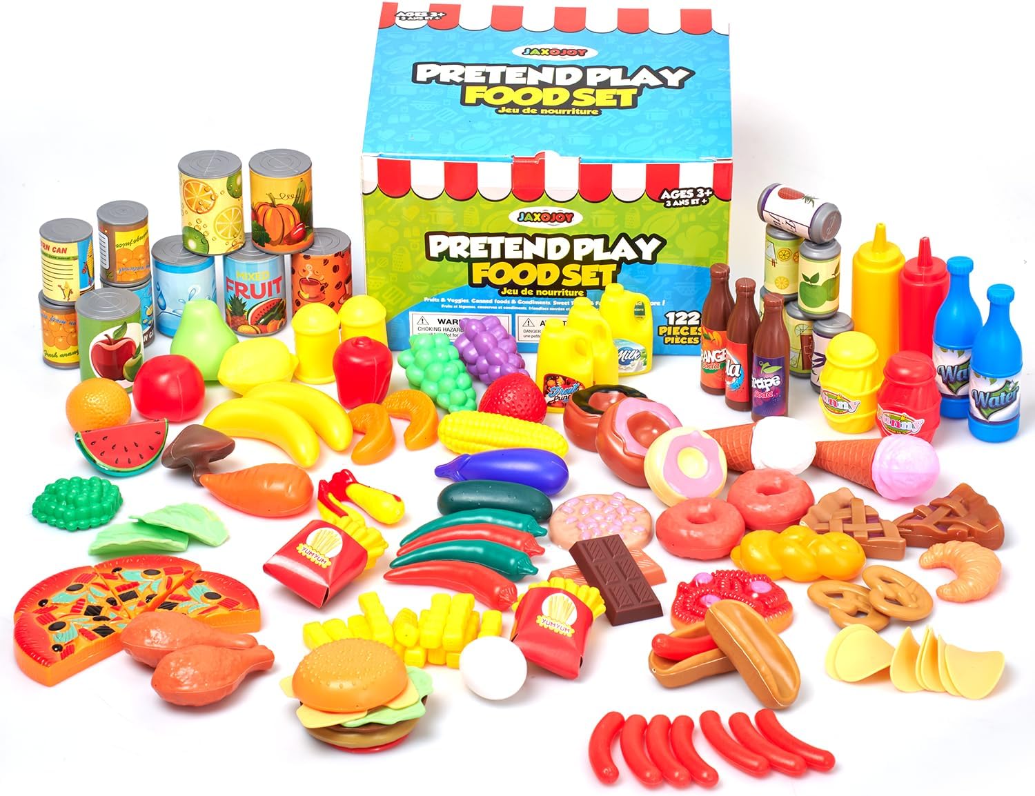 Jaxojoy 122 Piece Pretend Food Set for Kids - Food Toys for Kids Kitchen Set - Pretend Play Kitchen Accessories and Playset for Interactive and Imaginative Activities Imaginary Play