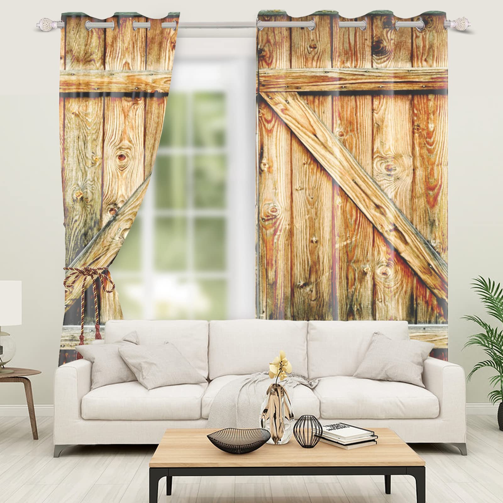 107x215cm Rideaux de fenêtre en Bois de Campagne Rustique en Bois Marron Porte de Grange Rideaux Ferme Occidentale Traitement fenêtre pour Salon Chambre décor Rideau occultant, 2 Panneaux