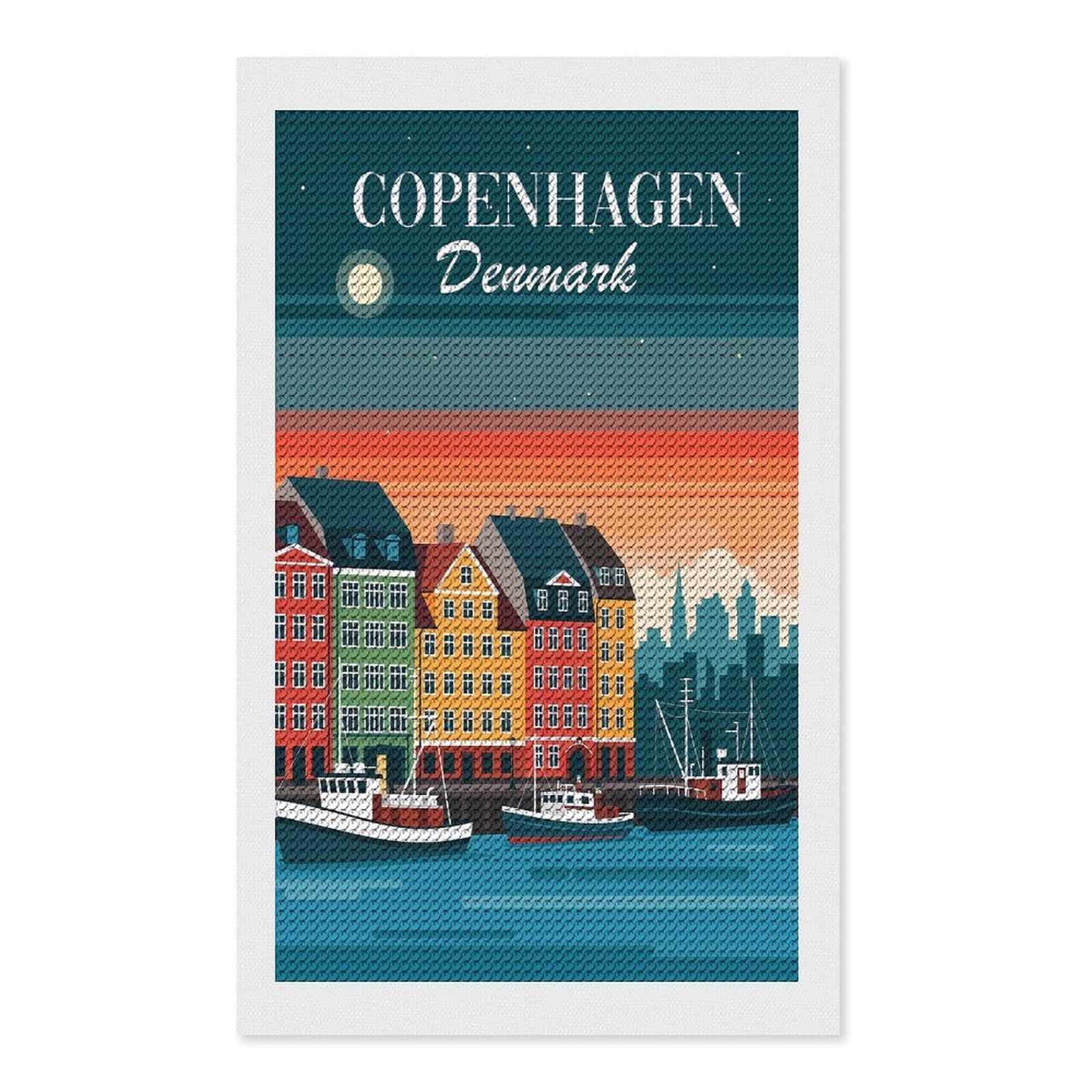 Junmoney Copenhagen Denmark Skyline Diamond Art Kit 12"x20", Vintage Style Decor, Stress Relief Craft, Decor Project, Relaxing DIY, Creative Hobby