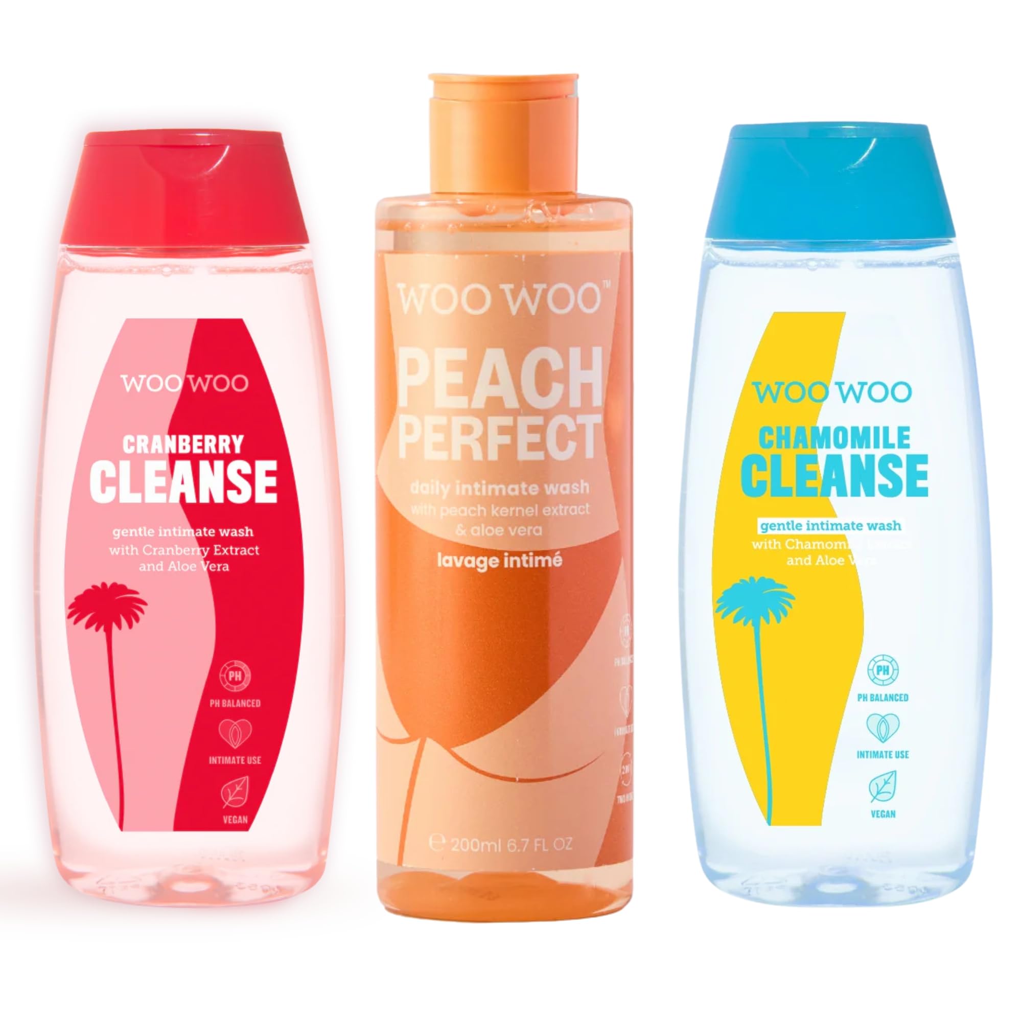 WooWoo Intimate Body Wash Bundle, Peach Perfect, Cranberry Cleanse & Chamomile Cleanse, pH Balanced