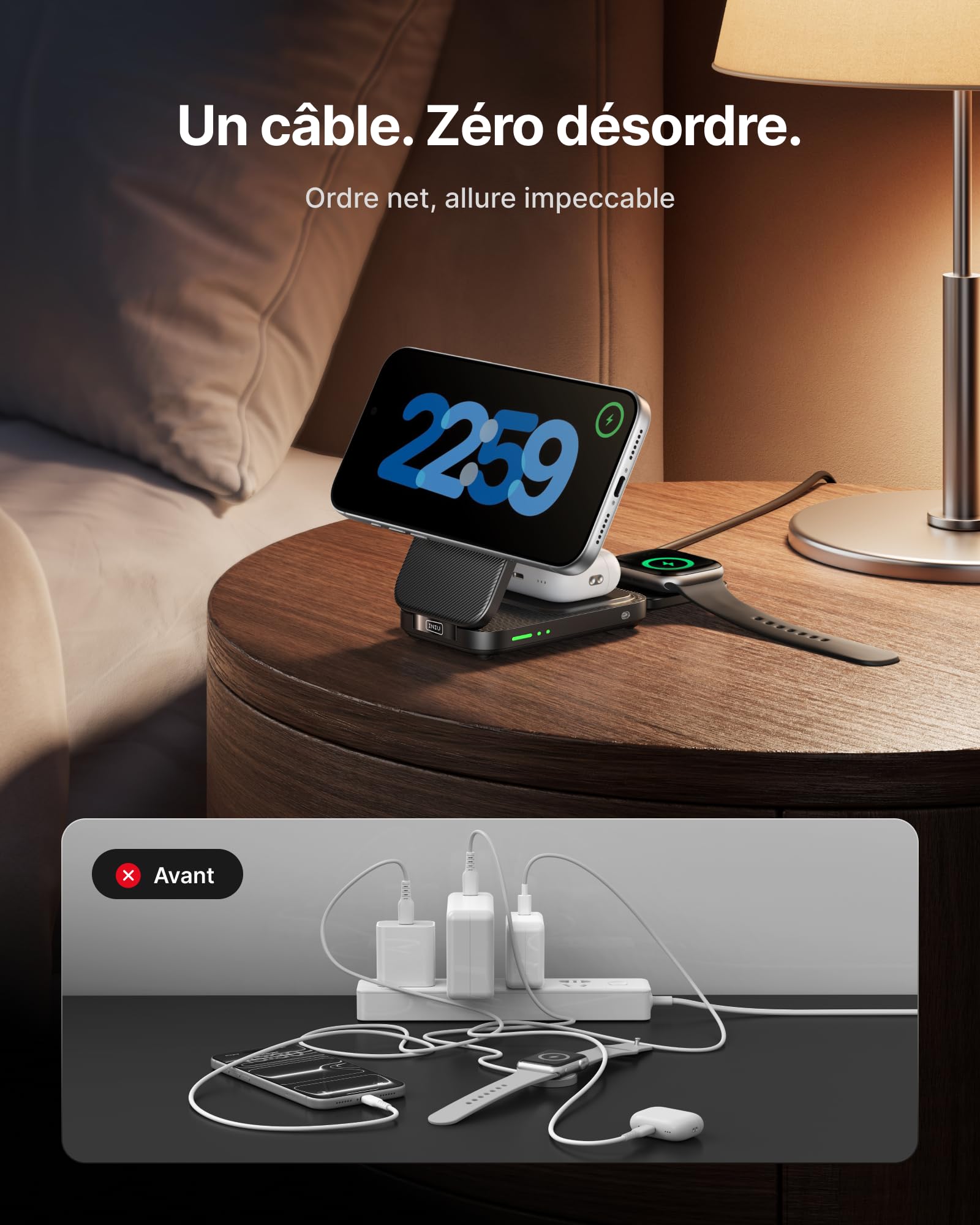 INIU 3 en 1 Chargeur Induction iPhone, 15W Certifié Qi2 Chargeur Sans Fil Magnétique, Station de Charge Rapide Mag-Safe Pliable pour Apple Watch SE iPhone 17 16 15 14 13 AirPods(avec Adaptateur USB C) | Pliable, Idéal pour Voyages, Station de Charge Rapid