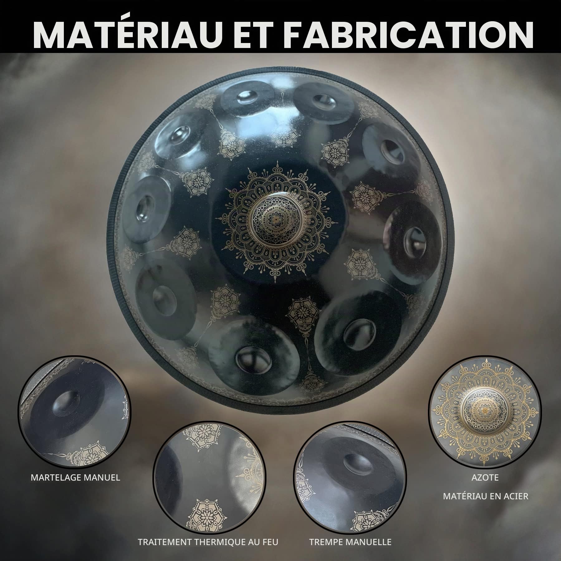 10 Notes 22 Pouces Handpan, D-Minor 432 Hz Instrument de Percussion de Tambour en Acier, Performance Musicale Mandala Cadeau d'Instrument de Musique de Guérison Fait à la Main