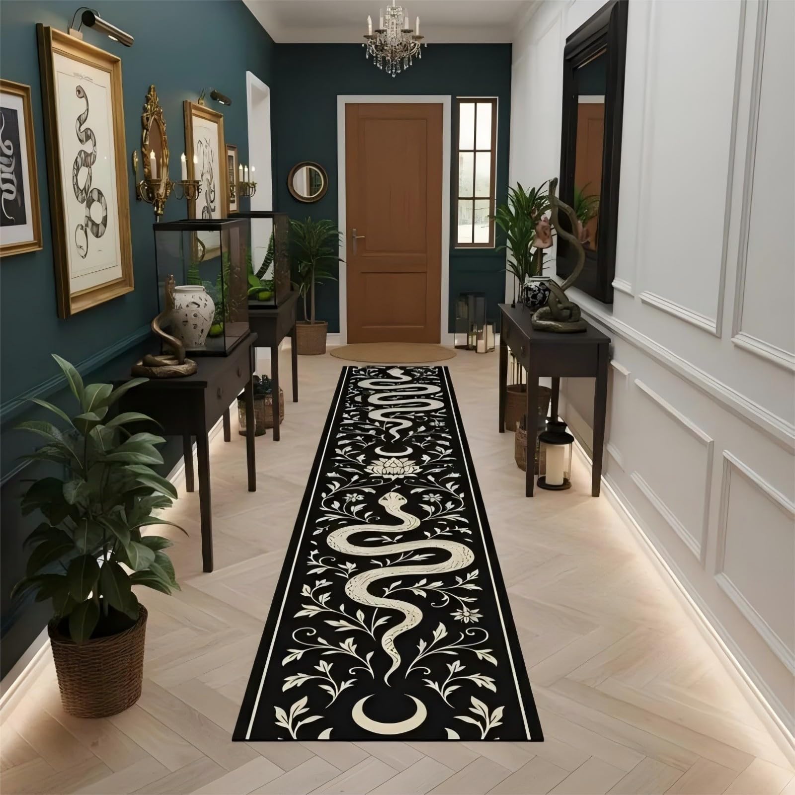 RICAUOU Black and White Runner Rug, 80x300cm Gothic Floral and Snake Pattern Hallway Rugs, Soft Machine Washable Low-Pile Rugs With Rubber Non-Slip Backing Carpet for Living Room, Bedroom, Entrance