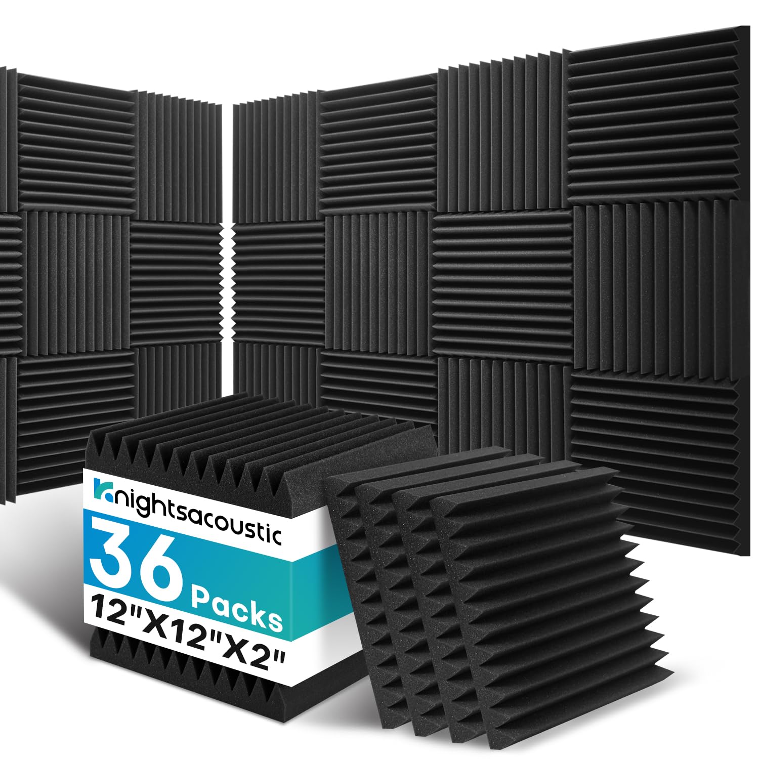 36 pack sound proof foam panels for walls, 2 x 12 x 12 inches acoustic foam panels, high density acoustic panels sound absorbing, noise cancelling studio wedges, black (not include adhesive)