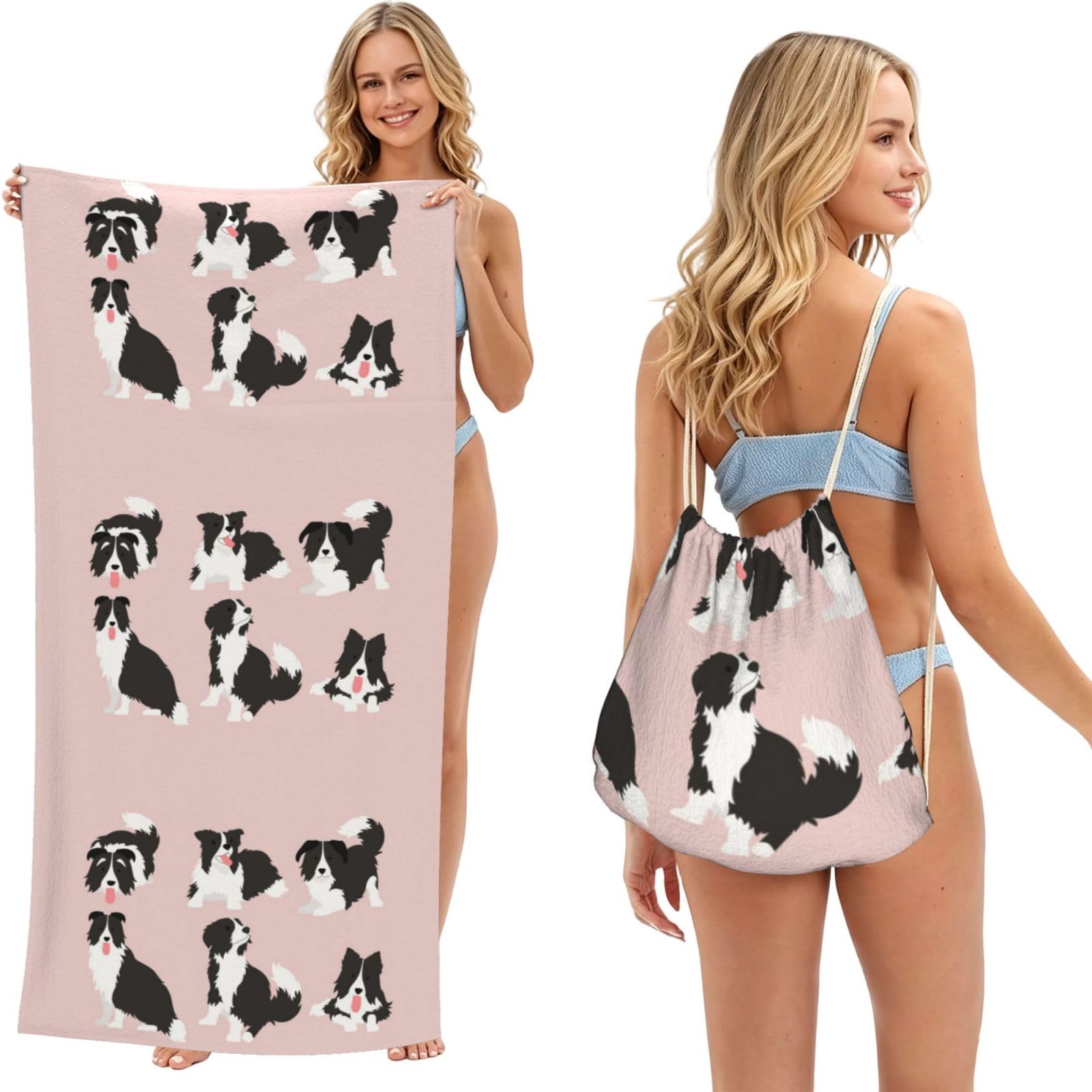 Poadnly As Picture Border Collie Dog, 2 In 1 Packable Towel Bag, Beach Towels With Drawstring Backpack For Travel Holiday Camping