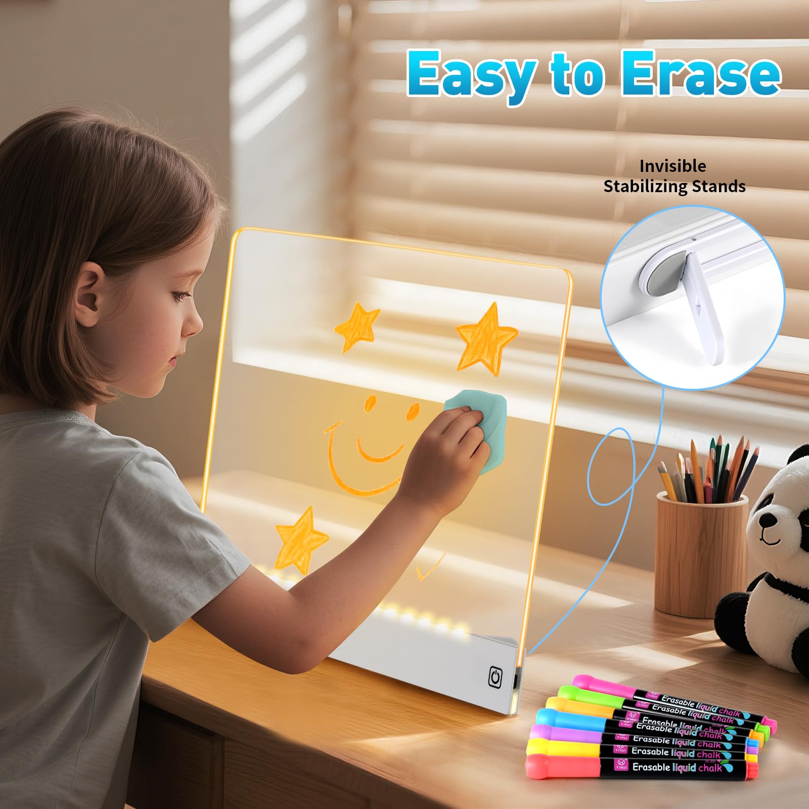 Tablero de notas LED con 7 colores, pizarra de borrado en seco acrílico con luz recargable, tablero de dibujo LED con soporte invisible, tablero de garabatos brillante, regalos de cumpleaños y 6