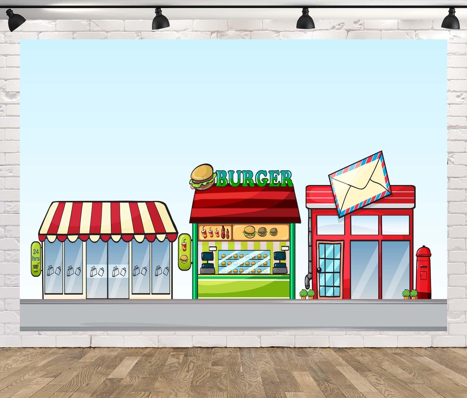 BELECO 3.6x3m Telo sfondo negozi strada cartone animato | Negozio convenienza urbano hamburgeria ufficio postale sfondo decorazione compleanno bimbi banner studio foto