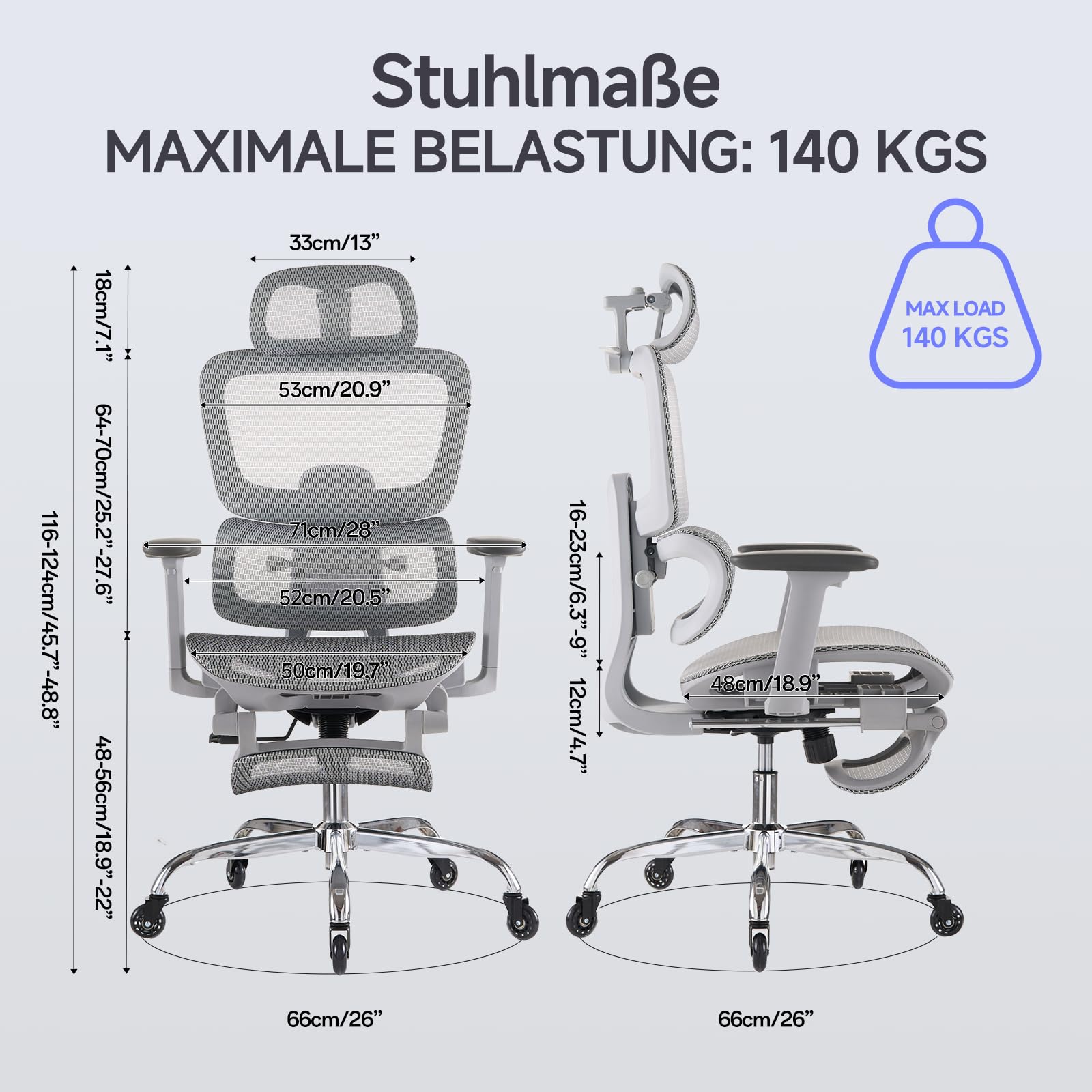 LarkLeaves Ergonomischer Bürostuhl mit Fußstütze & Nackenkissen, 5-Fach Höhenverstellbare Rückenlehne, 2D Lordosenstütze, 3D Armlehnen/Kopfstütze, 145° Neigefunktion, Mesh-Sitz, Gummirollen, Grau