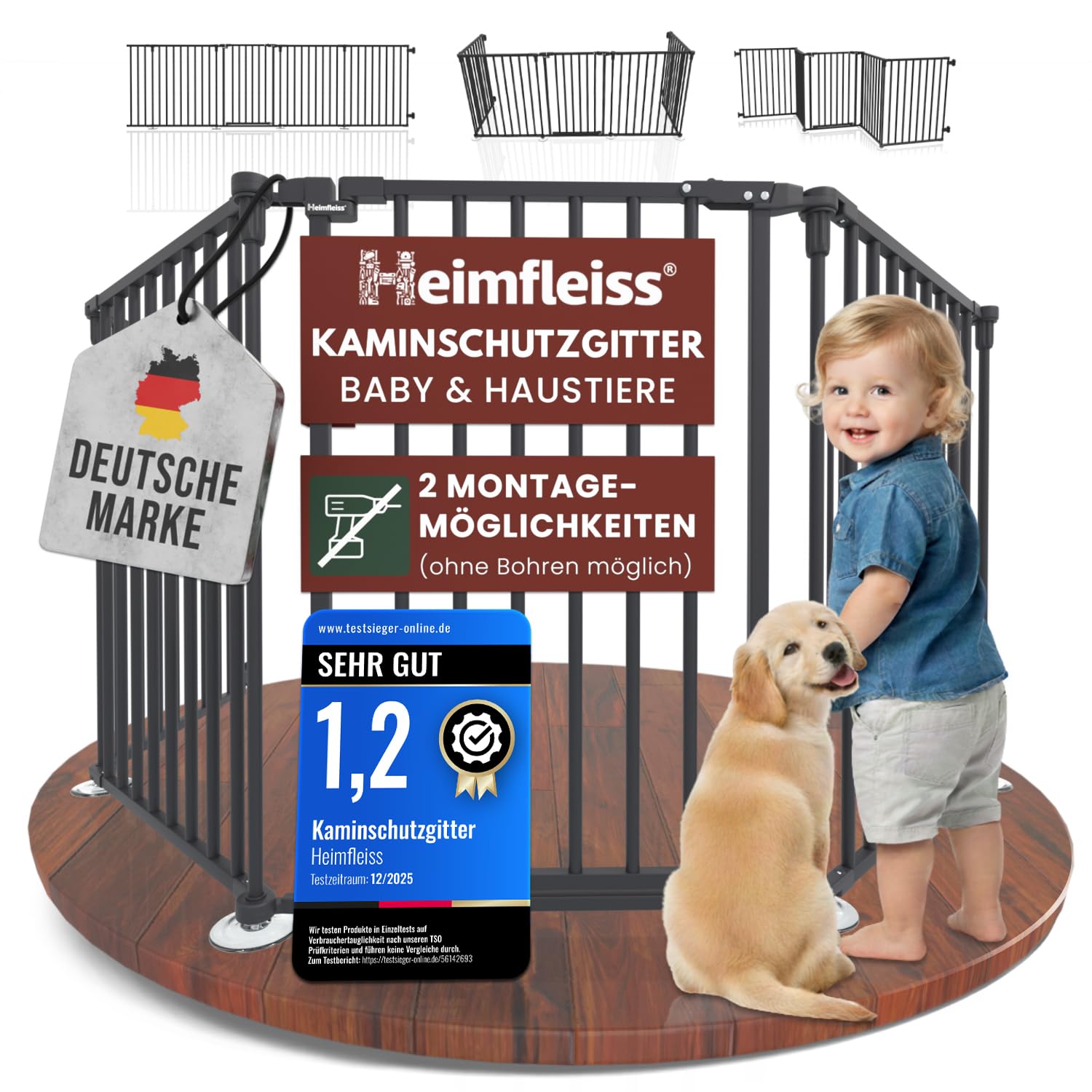 Heimfleiss® Kaminschutzgitter Baby mit Sicherheitsverschluss | Ofenschutzgitter für Kinder & Hunde | Ofengitter Kinderschutz aus Stahl | Verwendbar als Kamingitter, Treppenschutzgitter & Türgitter