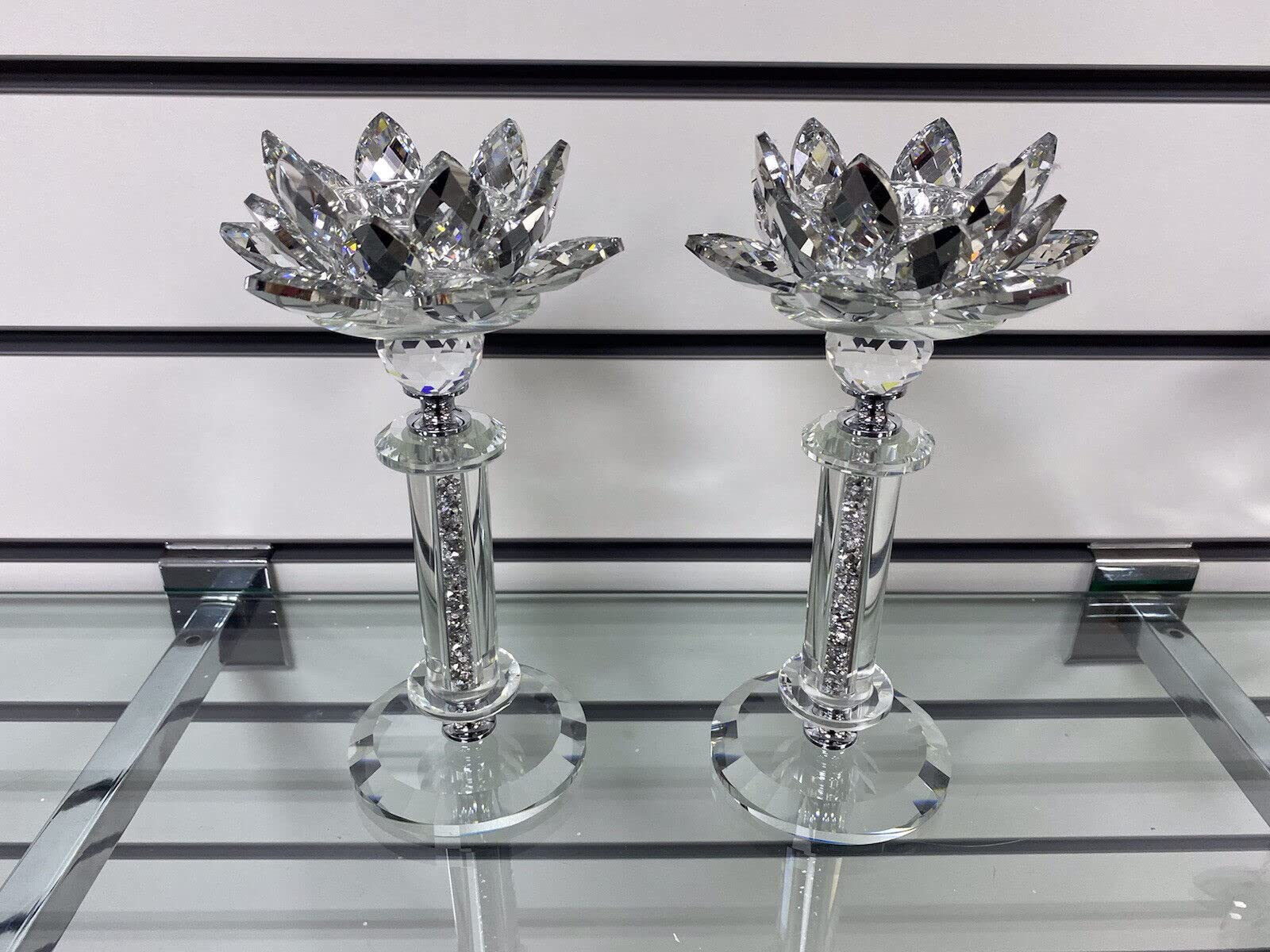Biznest Silver Set Of 2 Tall Base Sunburst Flower Crushed Diamond Crystal Candle Holder Tealight Holder Clear Crystal Glass Tall Pillar Taper 24Cm