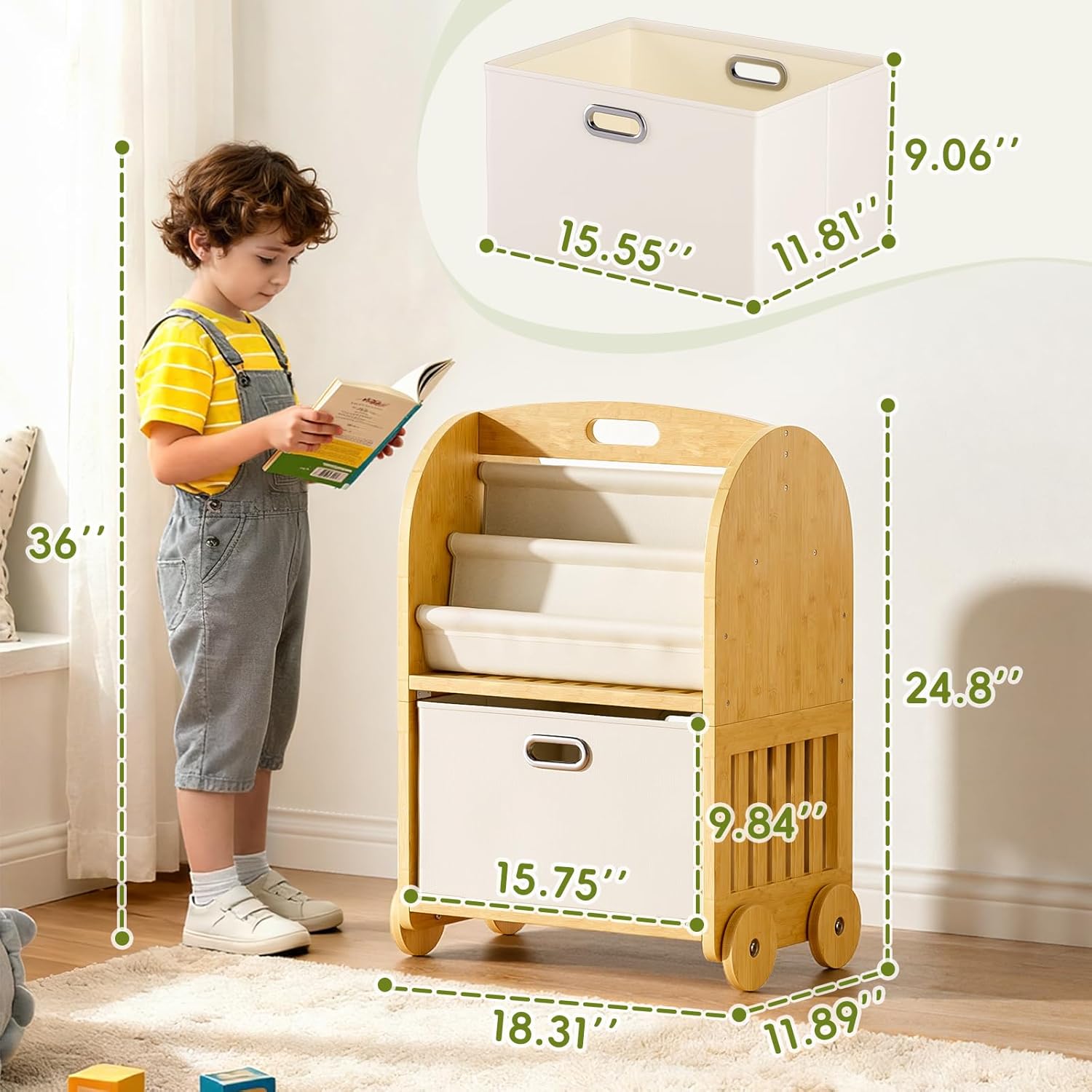 2-Sided, 3-Tier Bamboo Kids Bookshelf, Montessori Shelf with Safe Wheels and Large Storage Drawer, Toddler Bookcase Nursery Book Shelves and Toy Storage for Baby Rooms Playroom Kindergarten