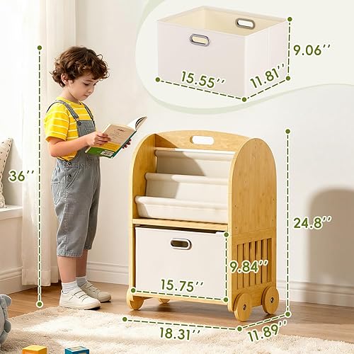 Miniatura 2 de Estantería de bambú de 2 lados y 3 niveles para niños, estante Montessori con ruedas seguras y cajón de almacenamiento grande, estantería para