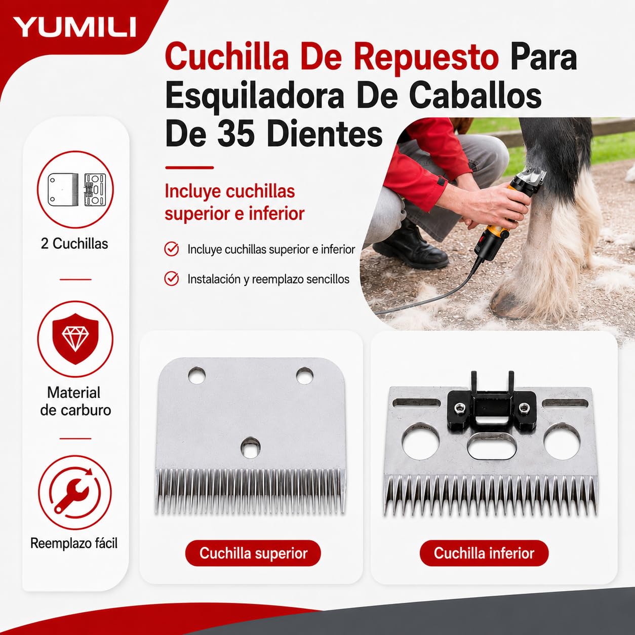 Cuchillas de Esquiladora Caballos, 35 Dientes Horse Clipper Blade, Juego de Repuesto para Esquiladoras de Caballos de Carburo, para Caballos, Vacas, Cabras, Otros Animales con Pelaje Grueso, Diseñadas