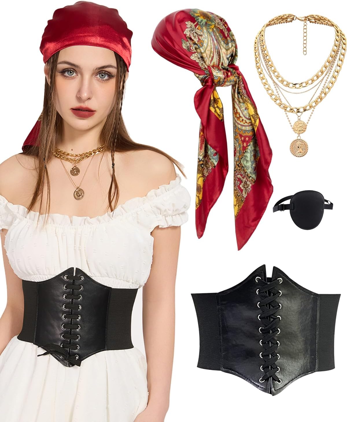 GSrenyu 6 Pcs Pirate Costume Accessories Women Men, Pirate Fancy Dress Accessories Medieval Pirate Bandana, Belt, Eye Patch, Earring, Necklace