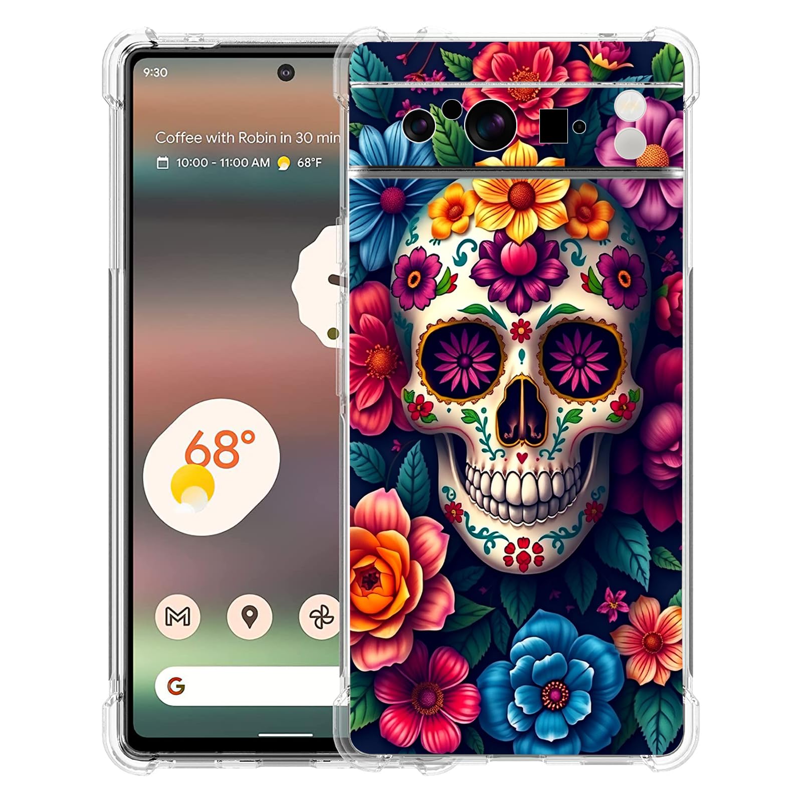 Beaucov Case for Pixel 8 Pro,White Floral Skull Colorful Flowers Drop Protection Shockproof Case TPU Full Body Protective Scratch-Resistant Cover for