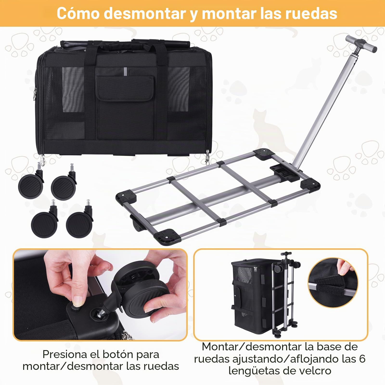 Portamascotas extragrande con dos compartimentos y ruedas desmontables para gato/perro, transportador plegable para 2 gatos, bolsa de viaje para paseo/camping (negro)