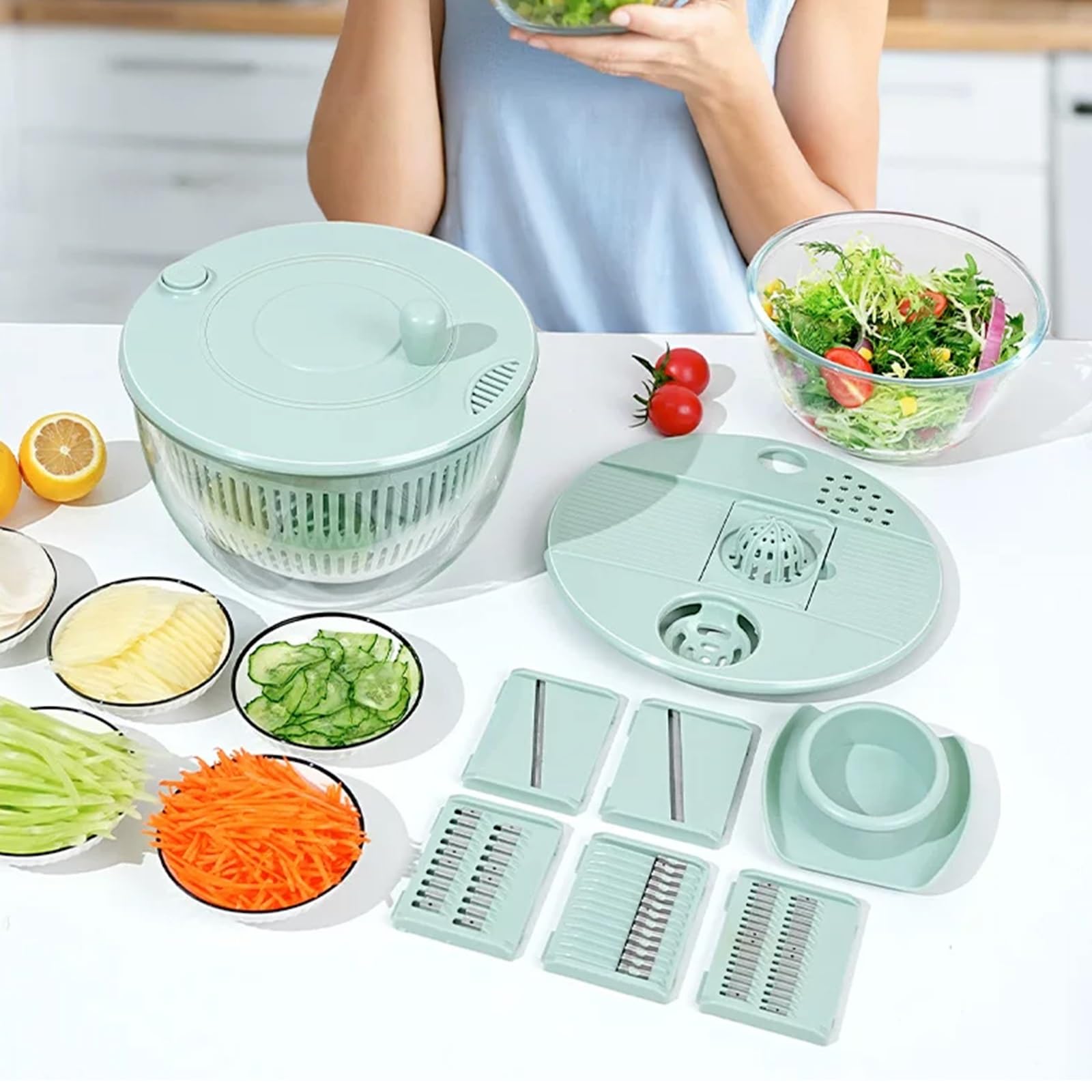 Mandolina de Cocina Multifuncional de Acero Inoxidable, con Cortador 5 Cuchillas, Colador Yemas Huevo, Rallador, Almacenamiento Visible Alta Capacidad, Ahuecado y con Drenaje