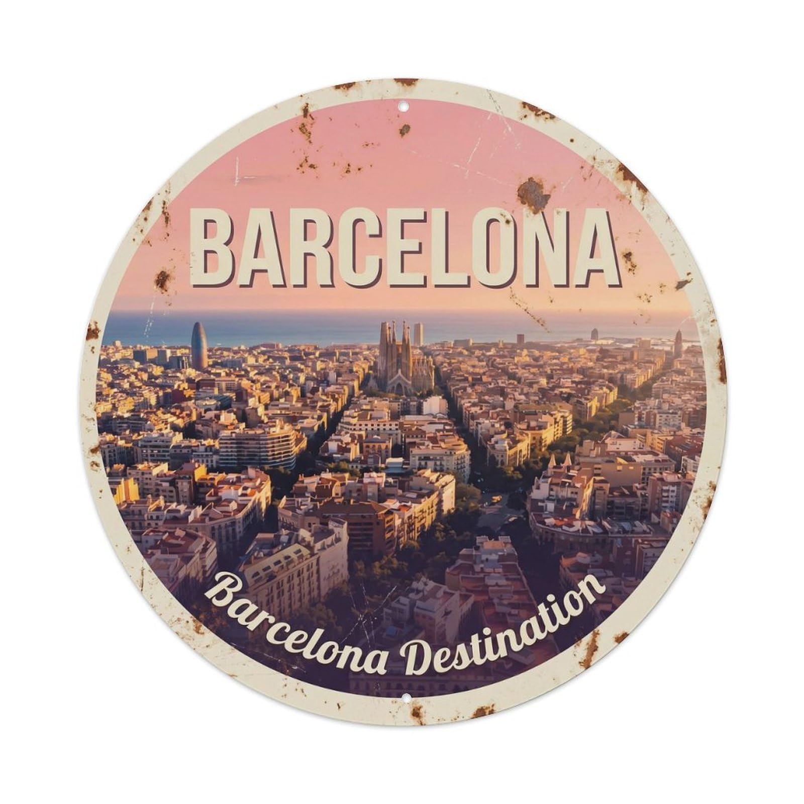 Vintage Travel Barcelona Cityscape Spain Destination Metal Tin Sign Plaque Wall Decor for Cafe, Club, Garden Round Metal Poster 8x8Inch