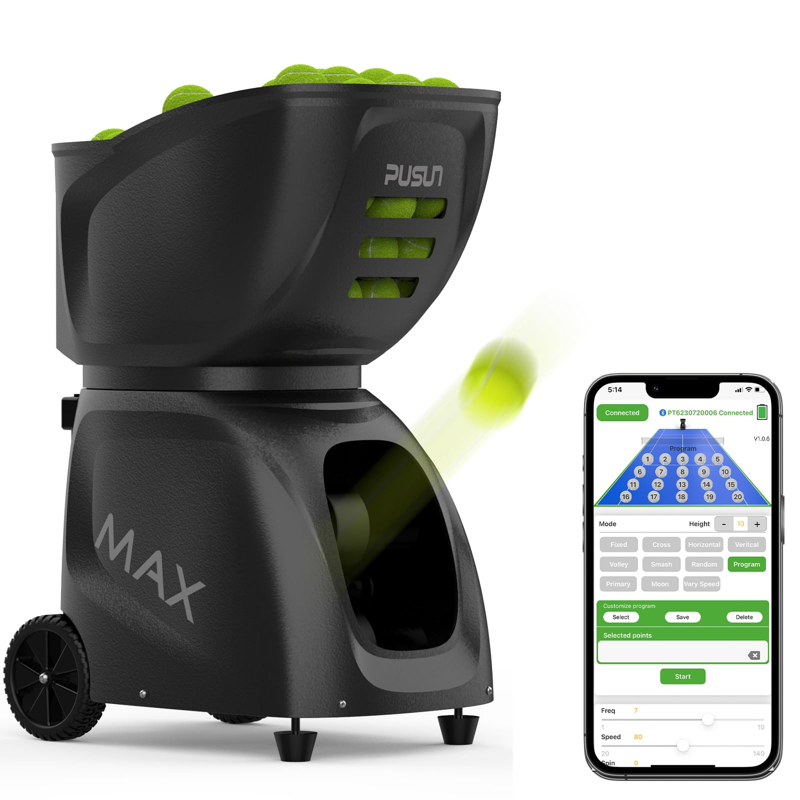 PT-Max C - Macchina per palline da tennis con telecomando, lanciatore da 12-87 km/h, rotazione superiore/posteriore/laterale, capacità di oltre 150 palline, controllo app per Android, iPhone, Apple
