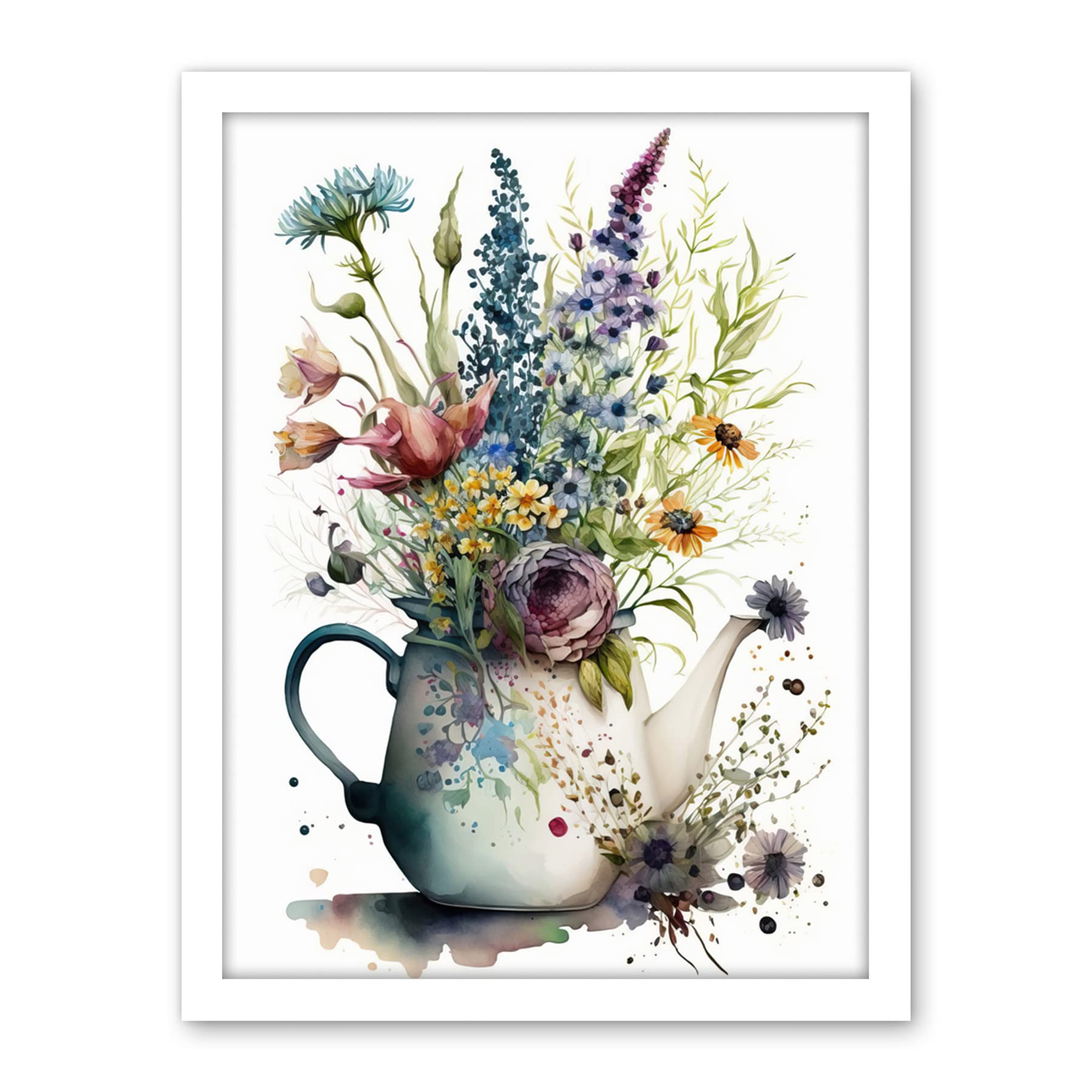 Artery8 Spring Wildflower Floral Bouquet in a Teapot Vase Artwork Framed Wall Art Print 18X24 Inch