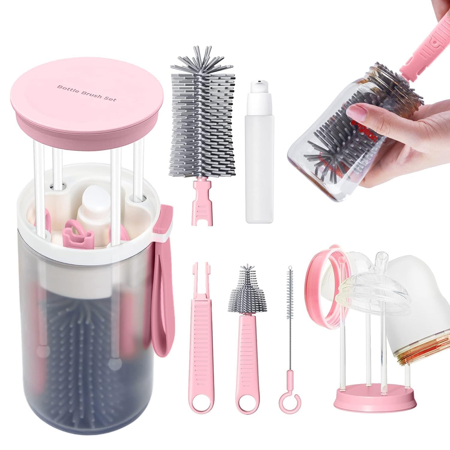 Parssufy Portable Baby Bottle Brush Kit Travel Feeding Bottle Cleaning Set Nursing Bottle Cleaner with Extendable Silicone Bottle Brush/Nipple Brush/Straw Brush/Drying Rack/Soap Dispenser/ (Pink)-image-40