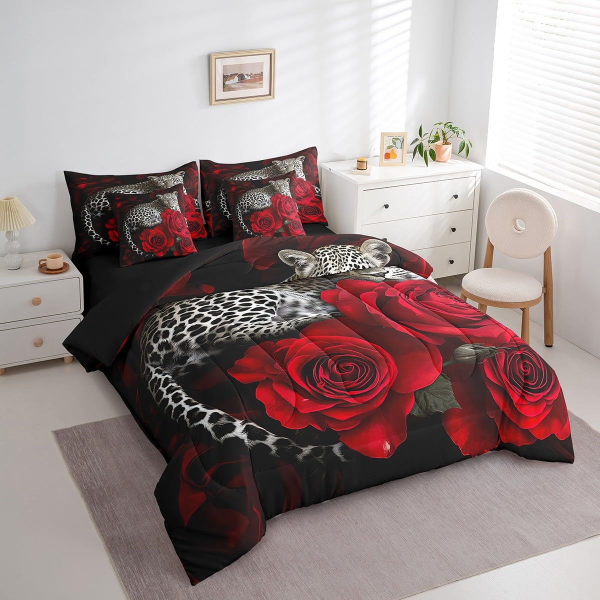 7 Piece Leopard Bed in a Bag Red Rose Flower Print Sheet Set 3D Cool Wild African Animal Cheetah Bedding Set Comforter Nature Rose Floral Leopard Fitted Sheet Romantic Theme Cushion Covers, King 1