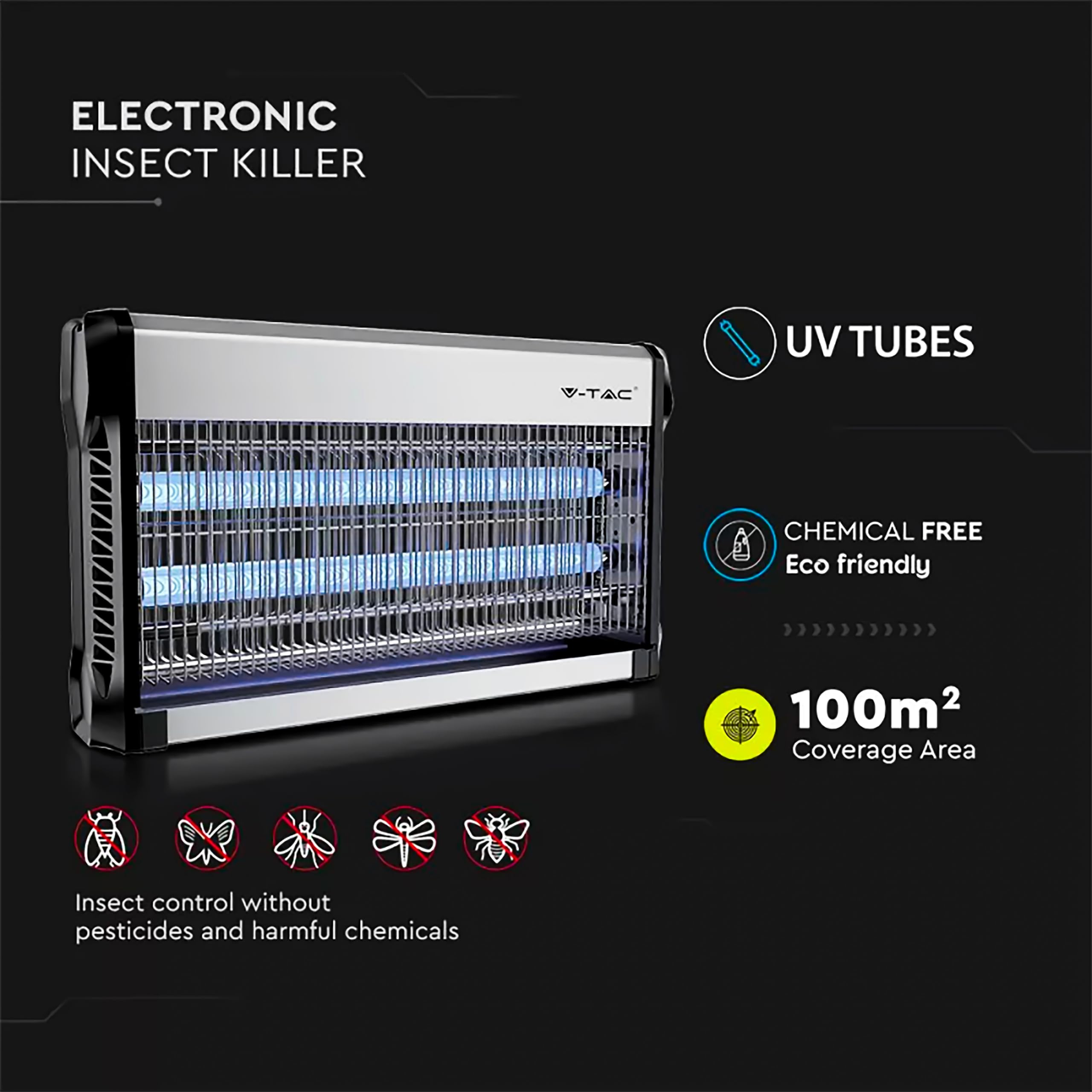 V-TAC Zanzariera Elettrica Potente - 30W con Area di Azione 100 m² - Design Sottile - Zanzariera con Luce Blu UV per Uso Interno ed Esterno - Trappola Elettrica contro Zanzare e Insetti - Potenza 30W