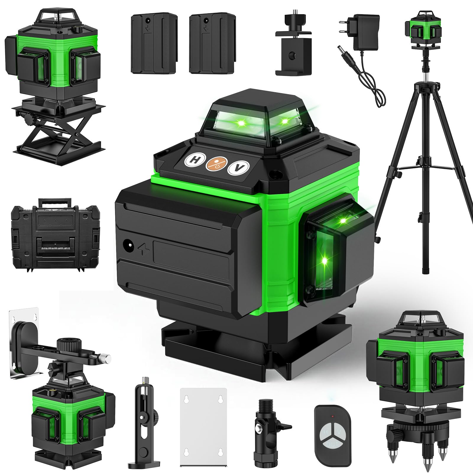 Niveau Laser, 4D 16 Lignes Niveau Laser Vertical Horizontal Autonivelant avec 2 * Batteries rechargeables 2600 mAh (A+avec trepied+box)