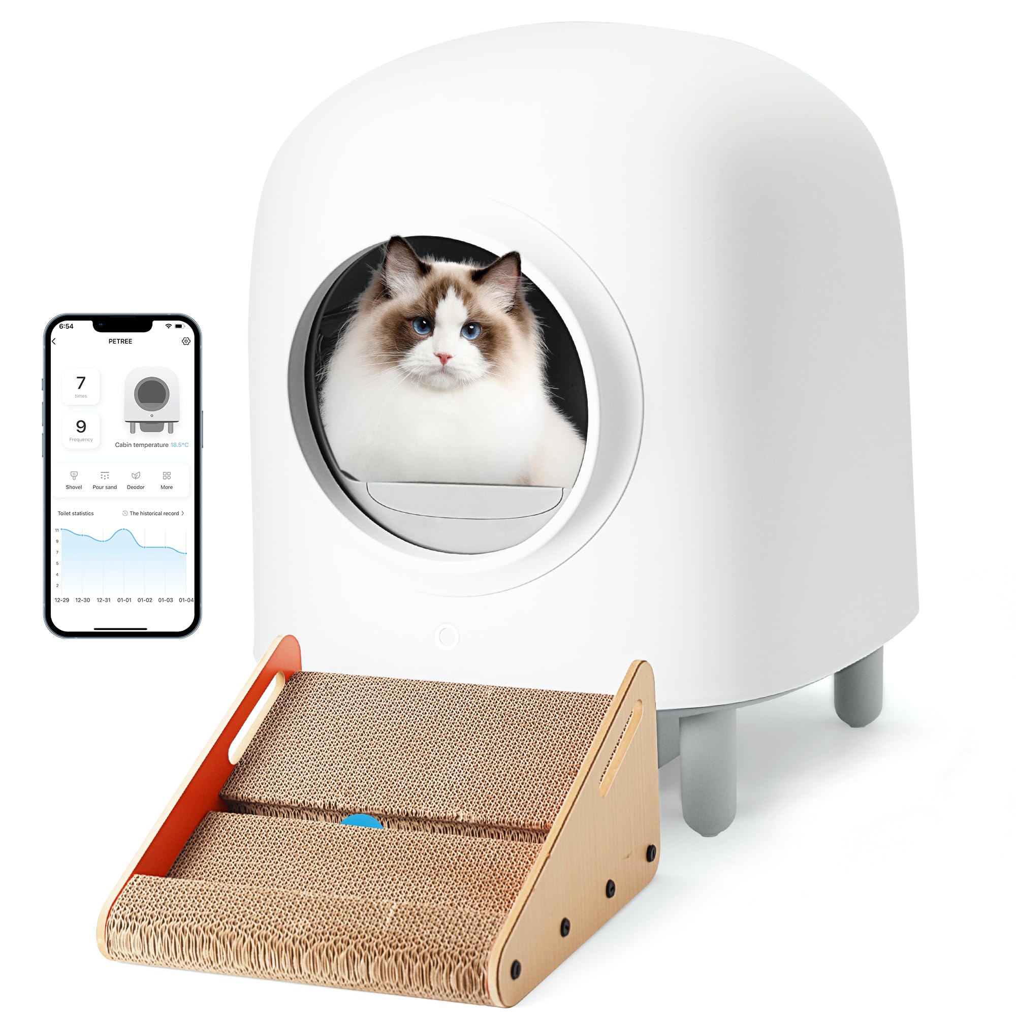 Petree Self Cleaning Cat Litter Box with Cat Scratching Ramp, Automatic