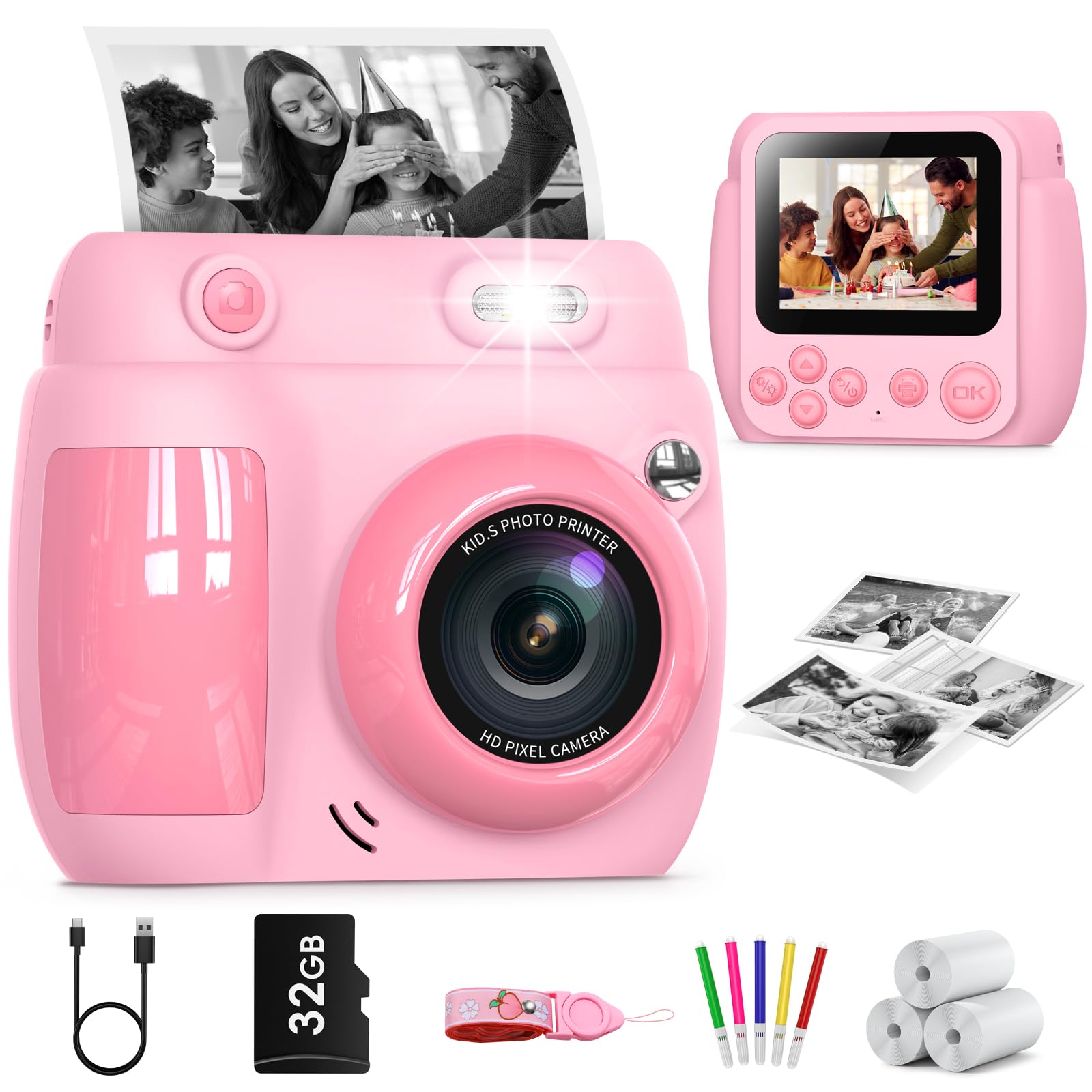 Gofunly Macchina Fotografica Bambini Istantanea, 2,4 Pollici Schermo Fotocamera Istantanea per Bambini con 32GB Scheda, 1080P HD Fotocamera Digitale Bambini Regalo per Ragazze Ragazzi da 3-12 Anni