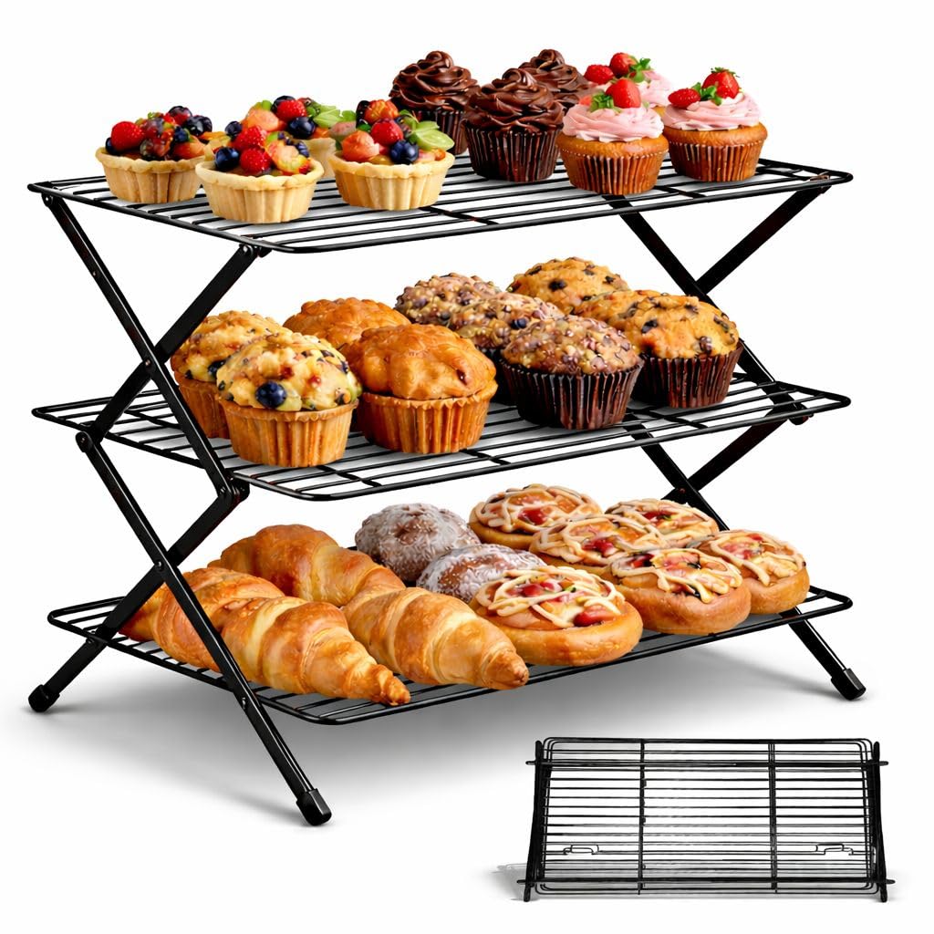 Friendly Fox Griglia di raffreddamento a 3 ripiani, griglia di raffreddamento rettangolare, 44 x 28 cm, griglia di raffreddamento per dolci, biscotti e muffin, accessorio da cucina pieghevole