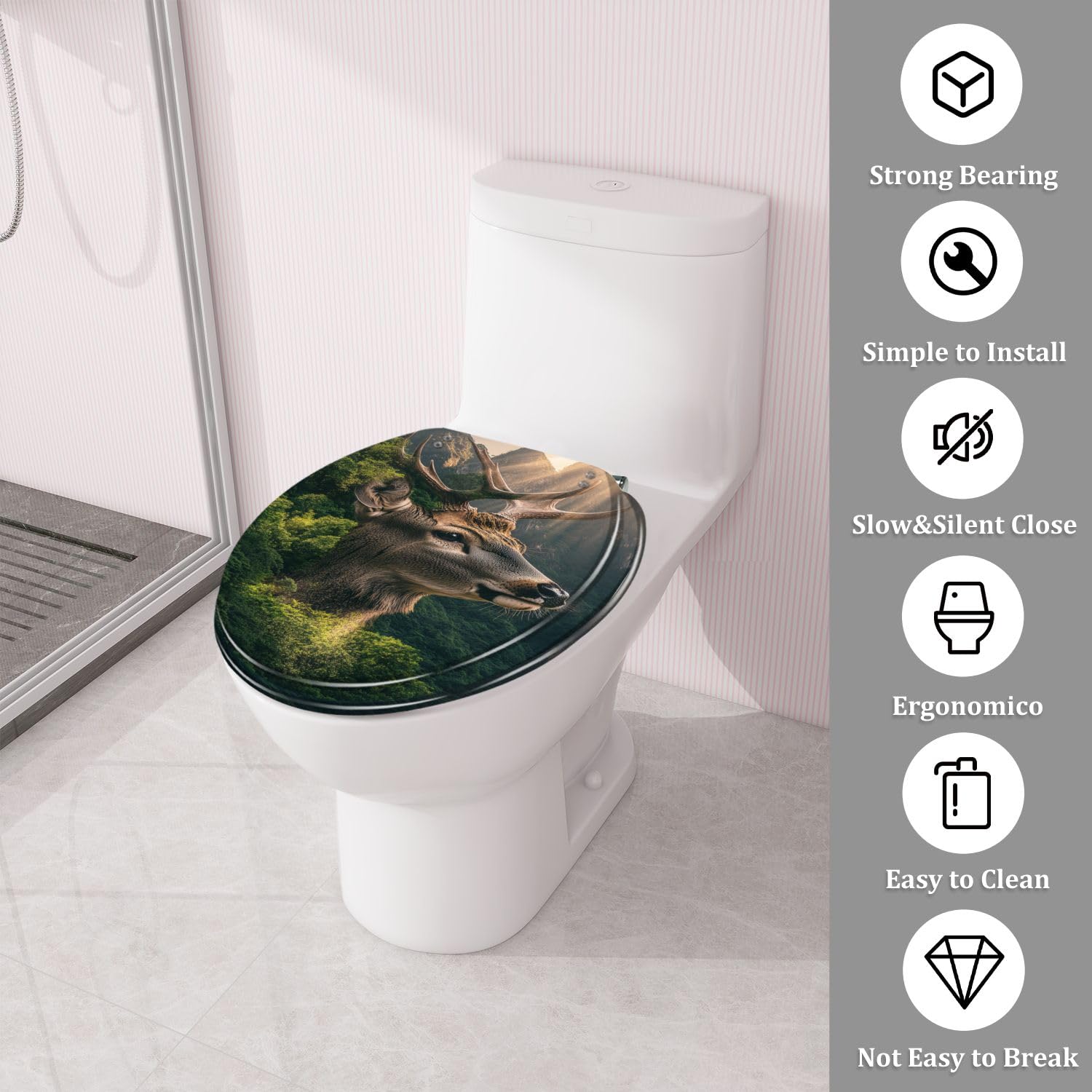 Asiento de inodoro redondo decorativo con bisagras de cierre suave y liberación rápida para baño.