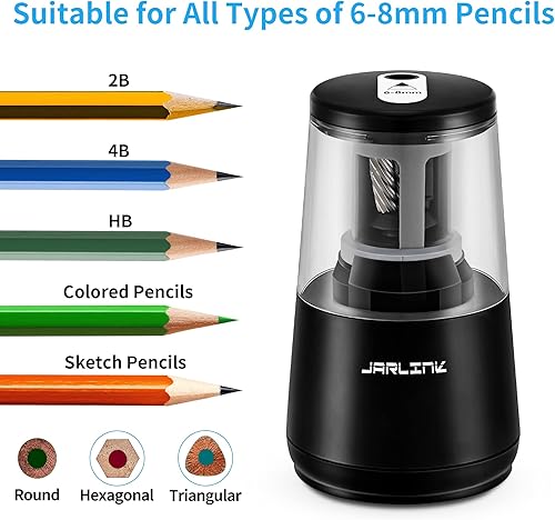 Miniatura 4 de JARLINK - Sacapuntas eléctrico con hoja de alta resistencia para afilar rápidamente y parado automática para lápices del número 2 y de colores 6-8