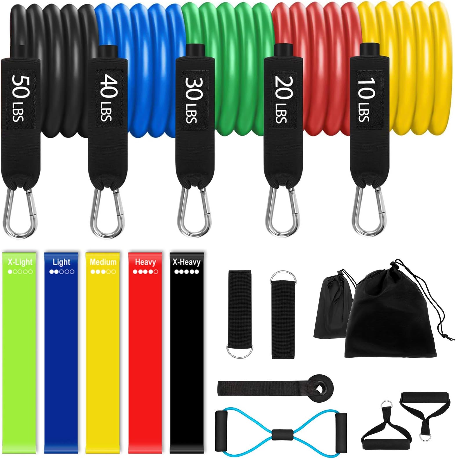 18 PCS Set Portable Exercise Resistance Band Set -5 Loop Resistance Bands/Figure 8 Exercise Bands/5 Pull up Stackable Exercise Bands with Handles, with Door Anchor, Ankle Straps, Carrying Case 150LB