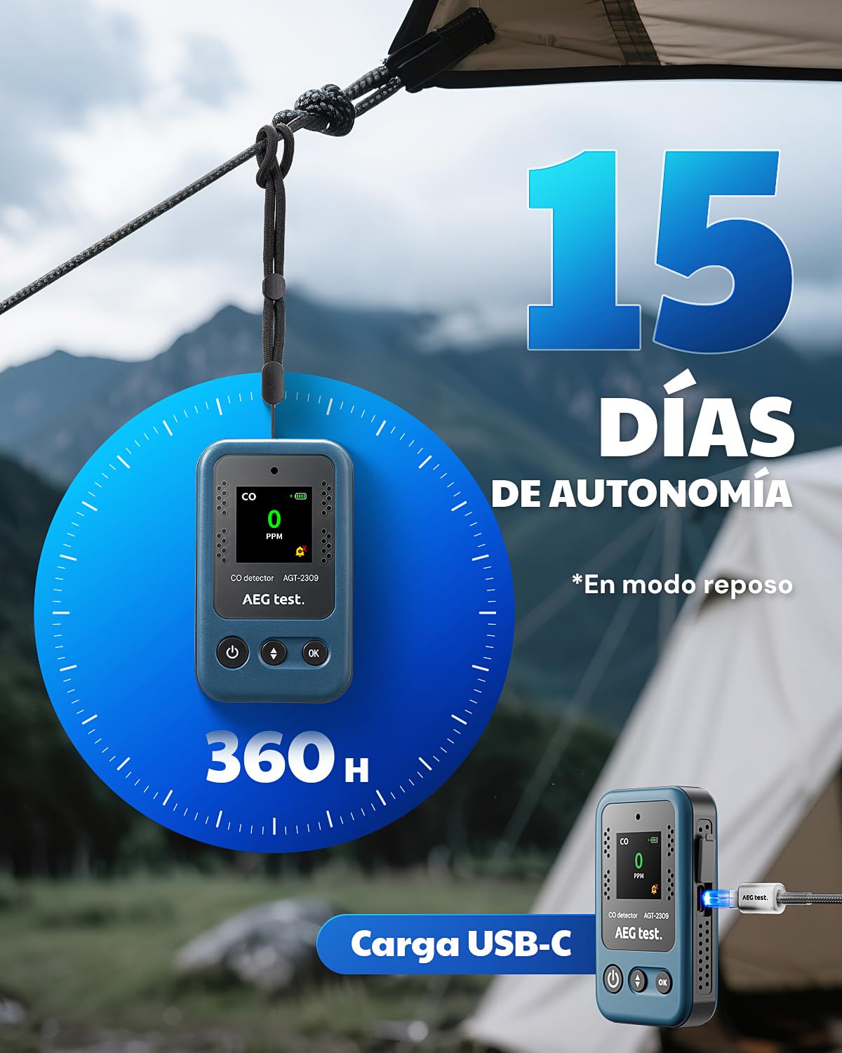 AGT-2309 Detector portátil de monóxido de Carbono, autonomía de 15 días, Mini medidor CO Recargable con cordón para Viajes y Camping, alertas sonoras y visuales, 0–1000 ppm – Azul