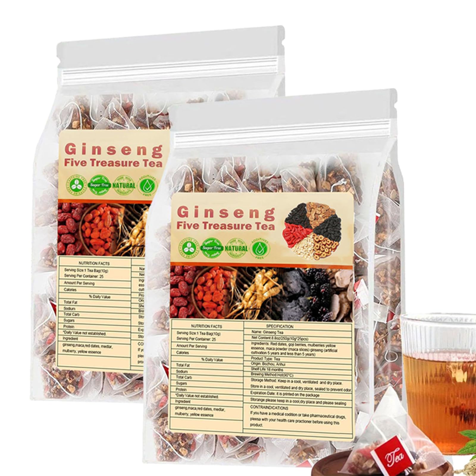 Ginseng Five Treasure Tea, 20pcs ginseng tea Bags, Five organic herbal tea, for Women & Men (A-2pac)