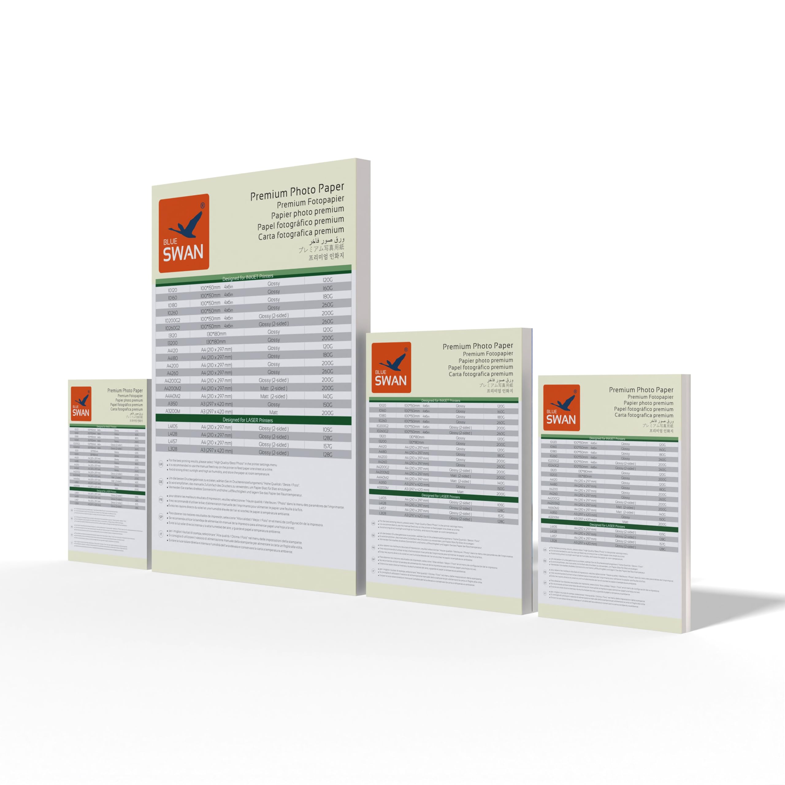 BLUE SWAN Carta Fotografica Lucida Combo, 200 Fogli – A4/13x18/10x15, 180/200 g/m², Mono e Bifacciale, Asciugatura Rapida, Resistente ad Acqua e Graffi, Compatibile con Stampanti Inkjet