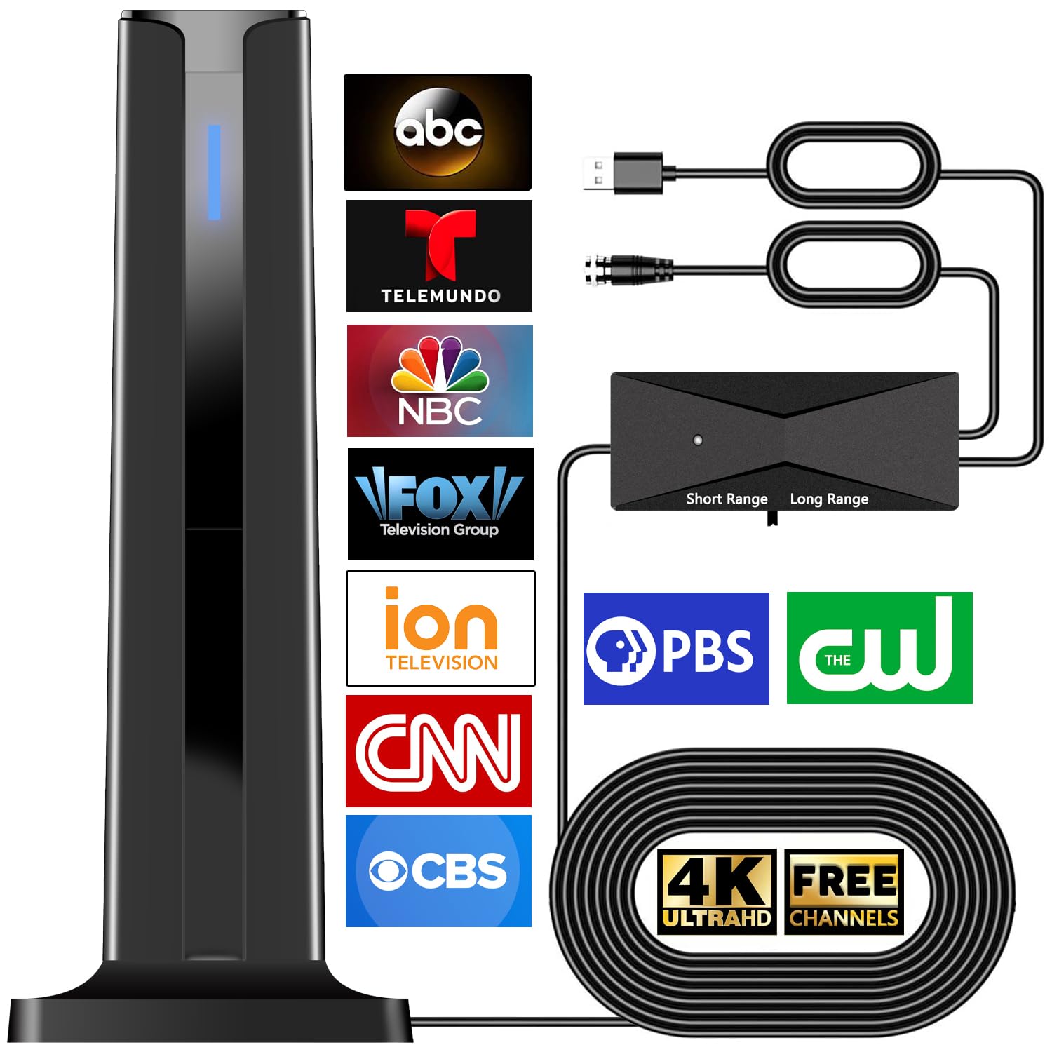 Digital Antenna for Smart TV Indoor, 2025 HD Antennas with 3M-Stick Base, 360°&Long Range Reception 4k 1080p for Local Channels, Easy Setup Antenna for TV Without Cable (Black)