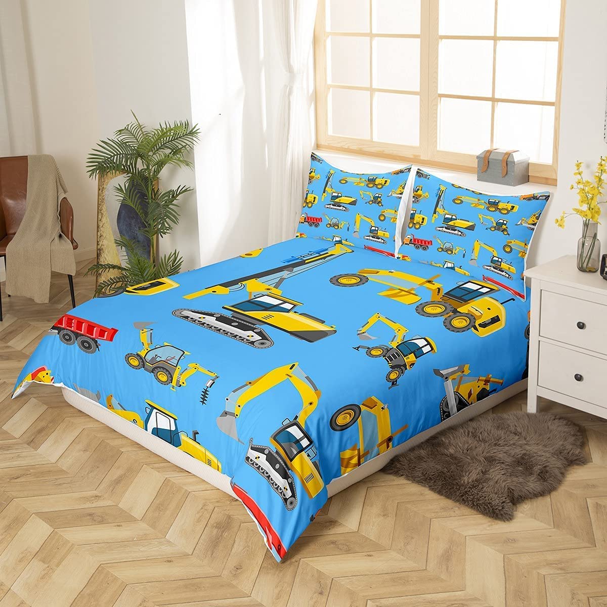 Loussiesd Kids Excavator Duvet Cover,Construction Bedding Set Cartoon Tractor Comforter Cover Set for Kids Teenage,Soft Luxury Print Quilt Cover Bedding Collection,Yellow Blue - Image 2