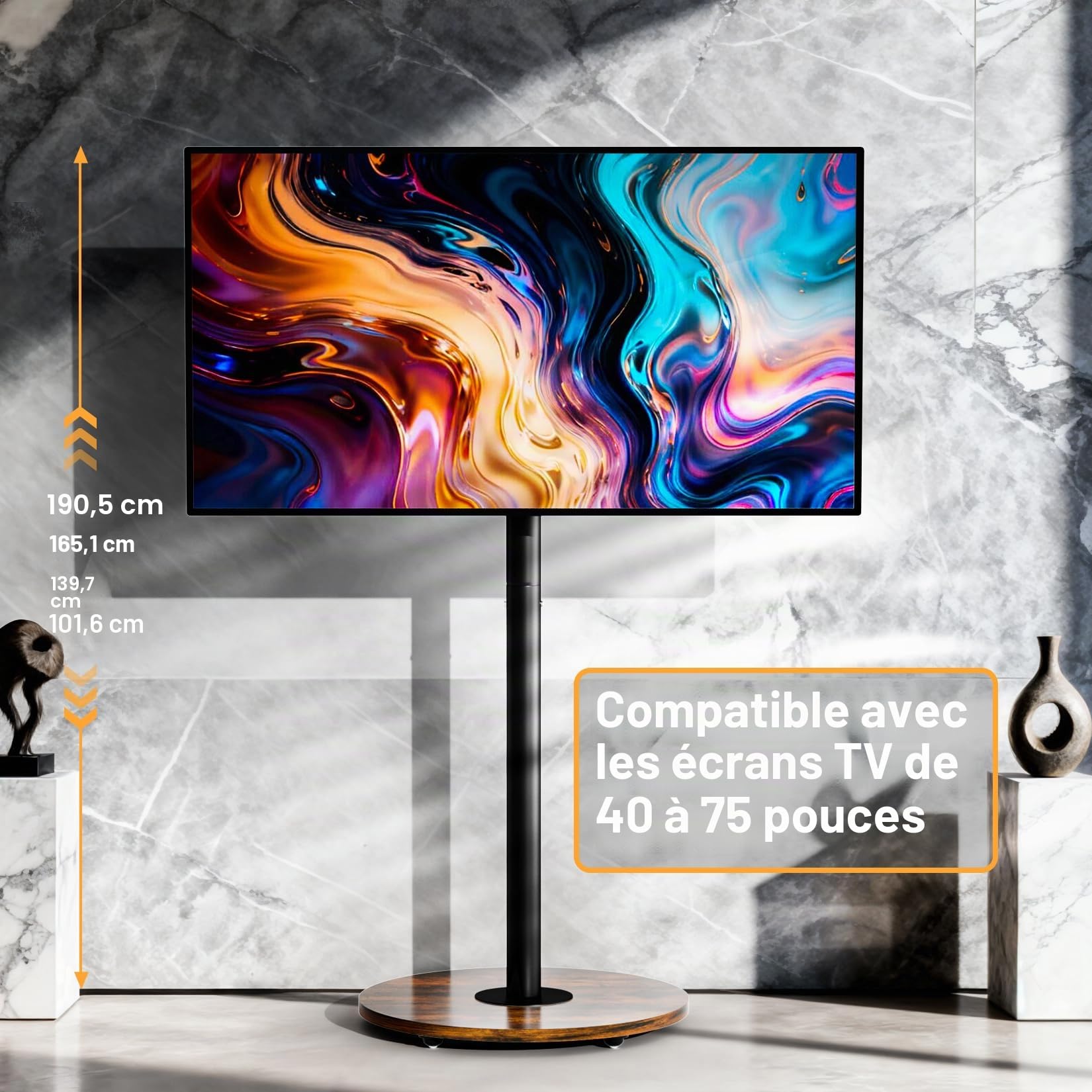 UNHO Support TV Mobile sur Pied avec roulettes pour TV 40–75″ Design Moderne Hauteur Réglable Étagère Intégrée Compatibilité VESA 200×200 à 600x400 Charge 50 kg Salon