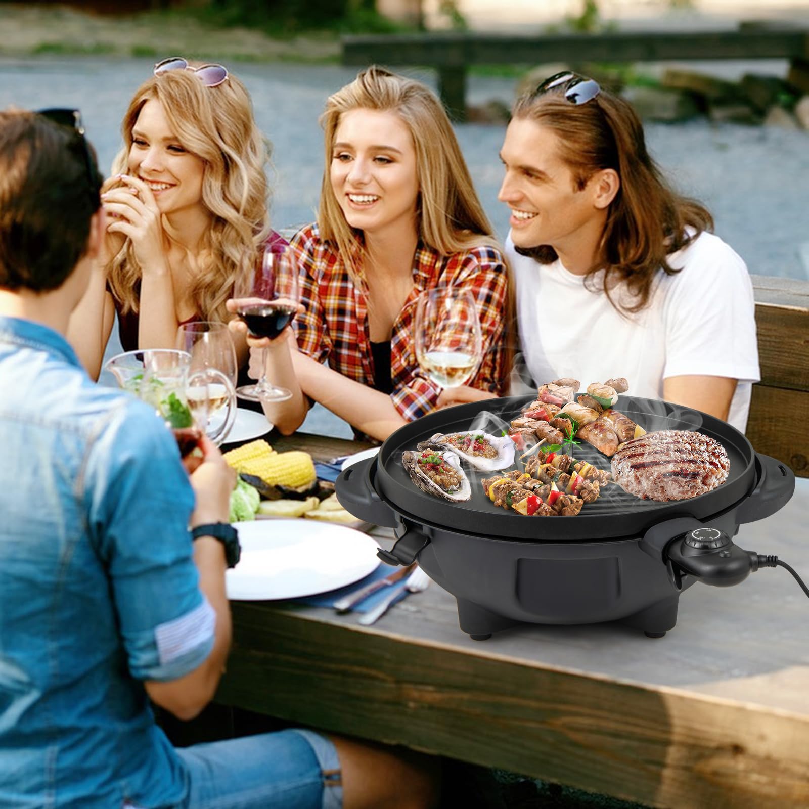 COSTWAY Barbecue Electrique Extérieur 1200 W, Plaque de Cuisson Antiadhésive à 2 Zones Température Réglable Support Amovible Etagère à Condiments, pour Balcon Terrasse Jardin