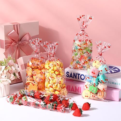 Miniatura 4 de Yexiya 100 bolsas de regalo transparentes de celofán con lazo de cereza, bolsa de regalo con lazos rosados impresos, bolsas de plástico para