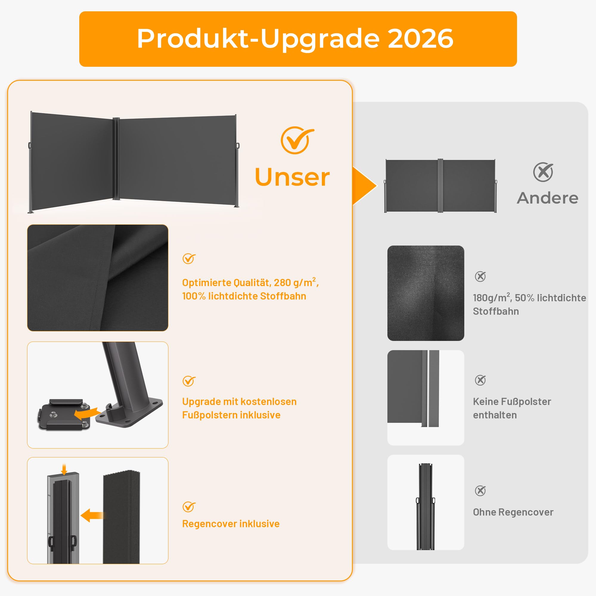 HOMEDEMO Alu-Seitenmarkise ausziehbar, 180x400+20 cm Anthrazit, Sichtschutz Sonnenschutz Markise, Windschutz Wasserdicht Seitenzugmarkise, Seitenrollo für Balkon, Terrasse, Garten