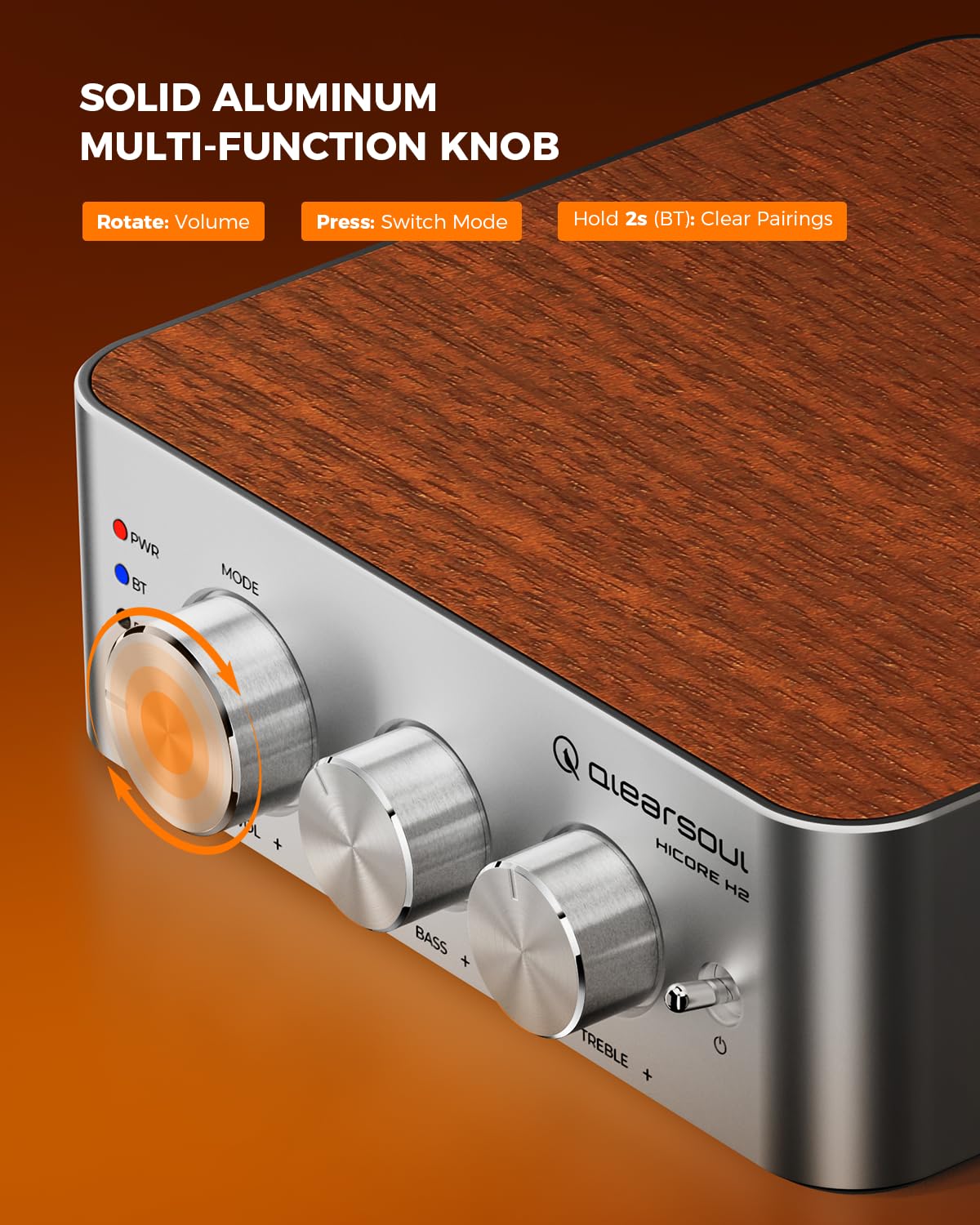 Qlearsoul HiCore H2 Bluetooth 5.4 Hi-Fi wzmacniacz stereo — TI TPA3255 klasa D, 100 W x2 (@ 4Ω) wyjście znamionowe, tryb Anti-Hijack BT, RCA/AUX/BT 3-wejściowy hub do głośników pasywnych, zawiera