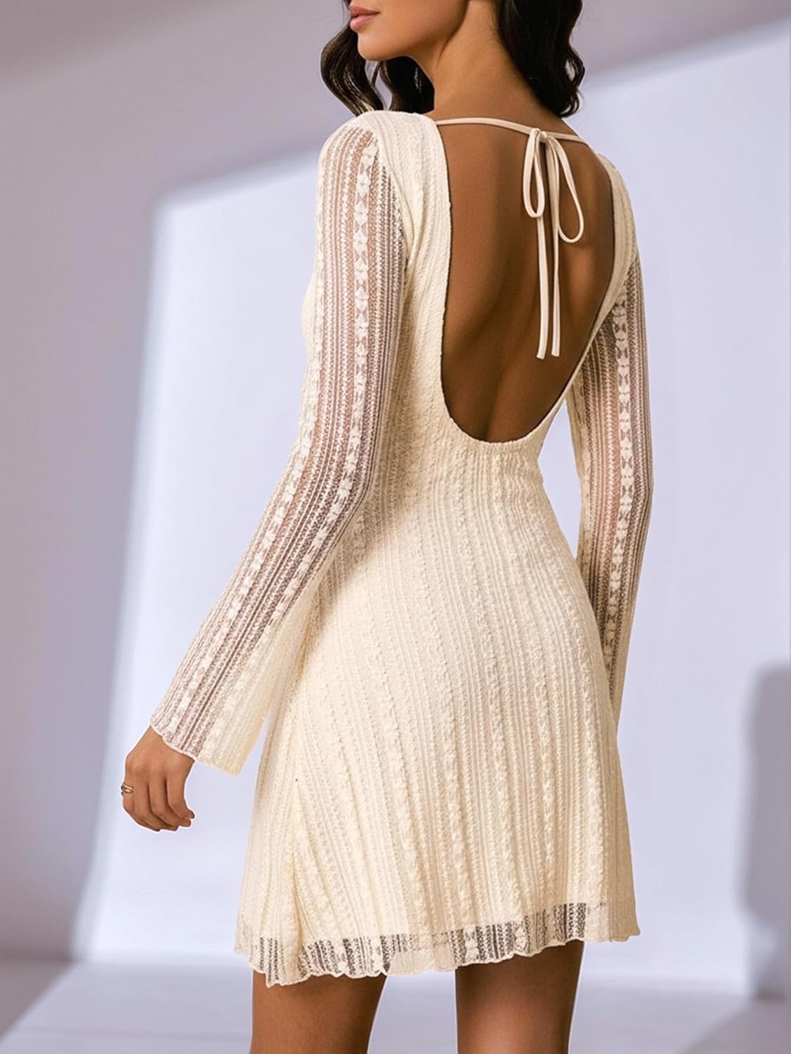 Women's Lace Backless Mini Dress Elegant Long Sleeve A Line Evening Party Cocktail Dresses - Image 2