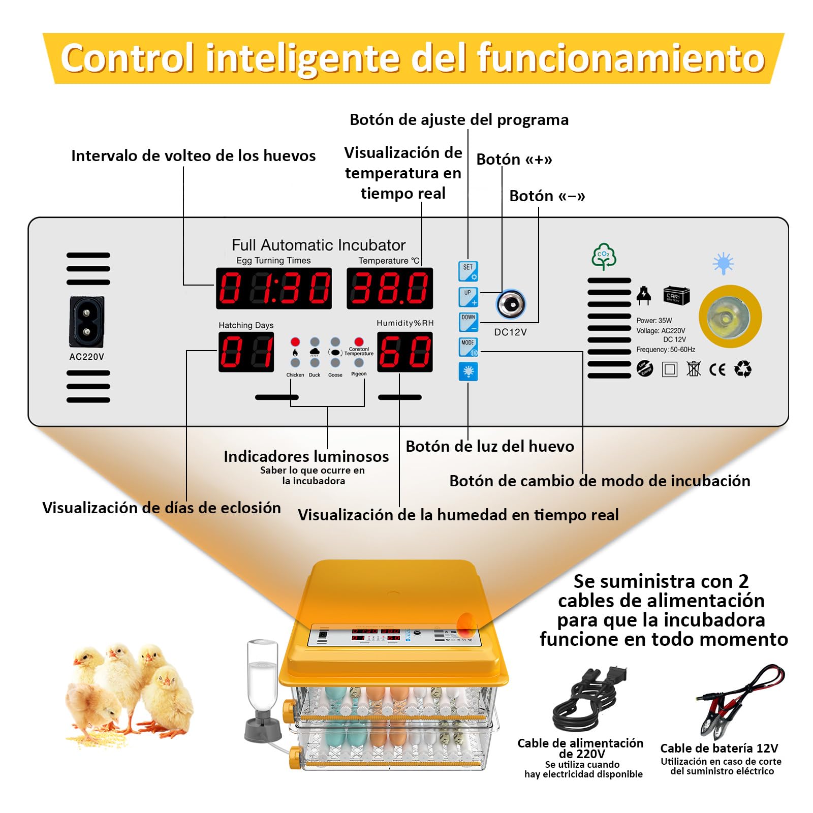 Incubadora Huevos Gallina para 120 Huevos, Incubadora con Volteo Automático y Monitor de Humedad, Control de Temperatura, 5 Modos de Incubación Automáticos y Registro de Días de Incubación