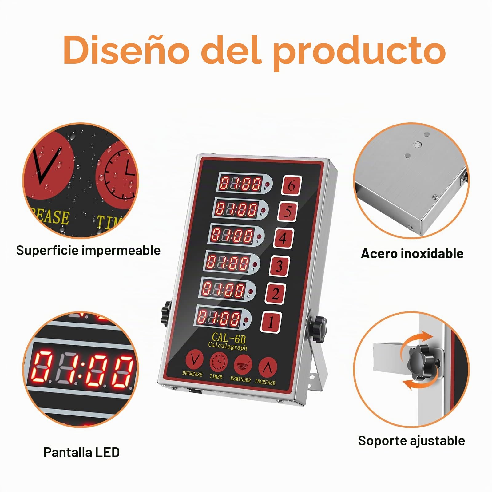 Temporizadores de Cocina de 6 Canales, Reloj de Cocina para Restaurantes Comerciales, Cronometro Digital Profesional, Pantallas LED, Fuertes Sirenas, Volumen Regulable, Función recordatorio