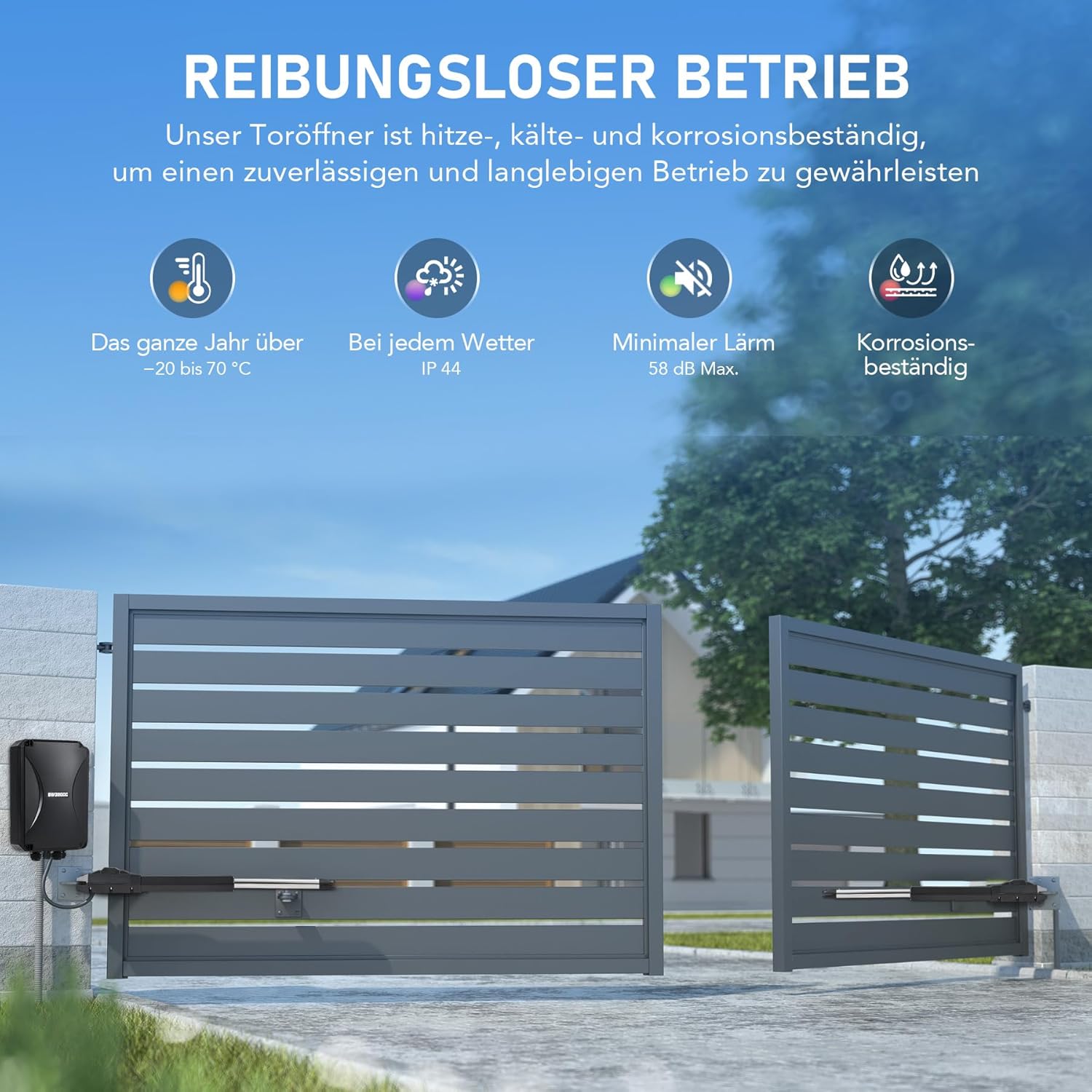 Image showing the gate operator's smooth operation and resistance to heat, cold, and corrosion, with an IP44 rating and low noise level.
