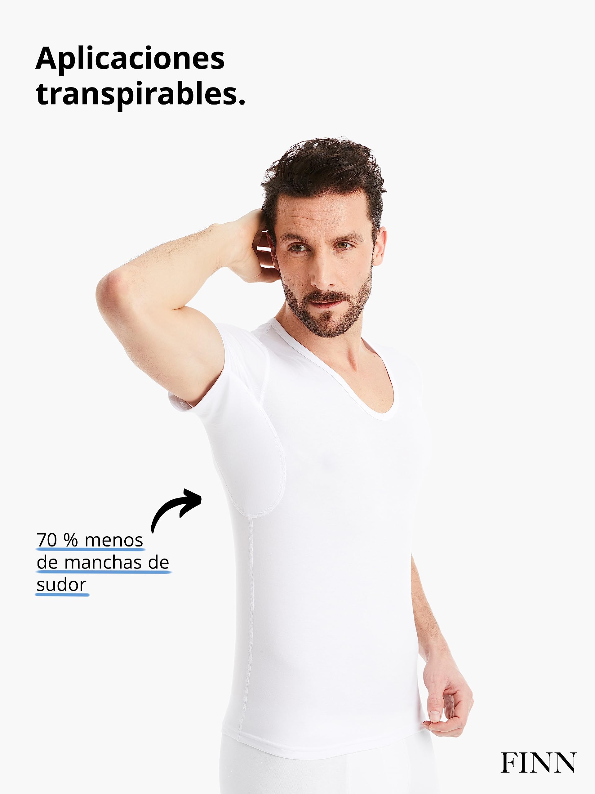 FINN Camiseta Funcional Hombre con Cuello en V - Camiseta Anti-Sudor con Inserciones contra Las Manchas de Sudor - Camiseta Interior de Manga Corta en Tejido Original Lenzing® Modal