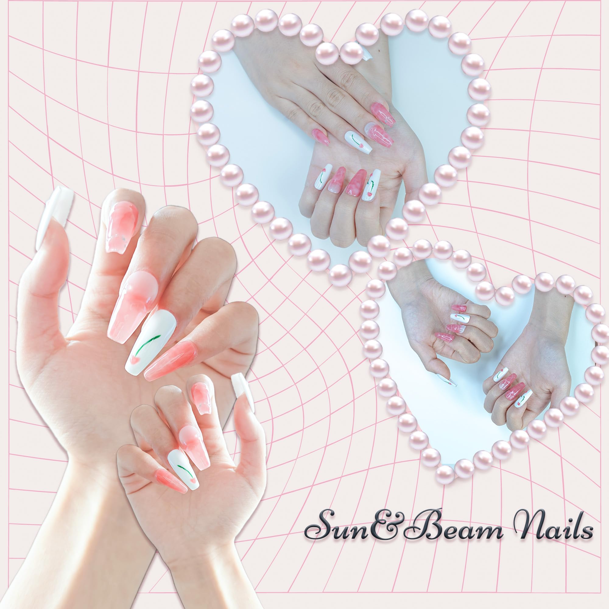 Sun&Beam Nails Handmade Press On Nail Long Coffin Ballerina Pink Flower Acrylic Fake Tip 3D Design Art Charms Cute with Storage Box 10 Pcs (S) — view 6